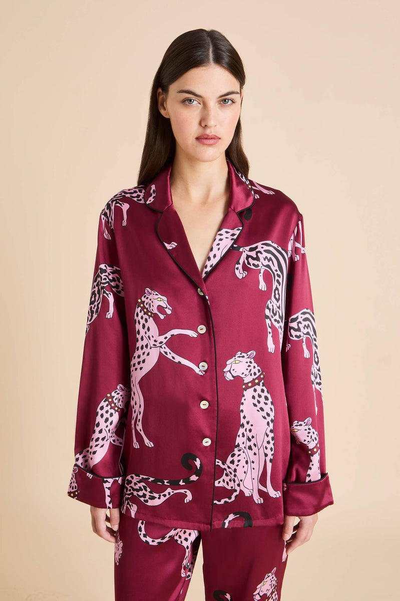 Lila Cherie Red Leopard Pyjamas in Silk Satin Olivia von Halle