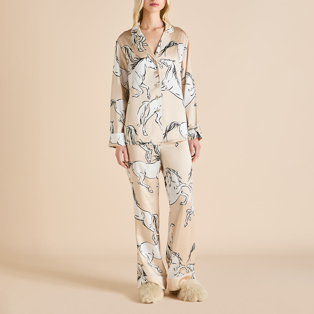 リチャードジノリ　パジャマL Lila Clementine Caramel Horse Pajamas in Silk Satin | Olivia von Halle