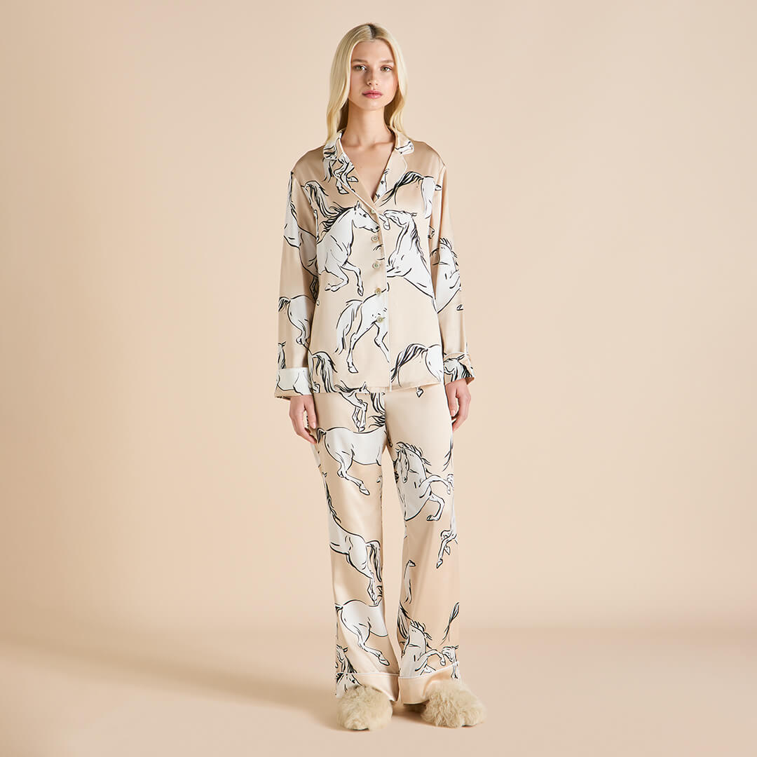 Lila Clementine Caramel Horse Pajamas in Silk Satin | Olivia von Halle