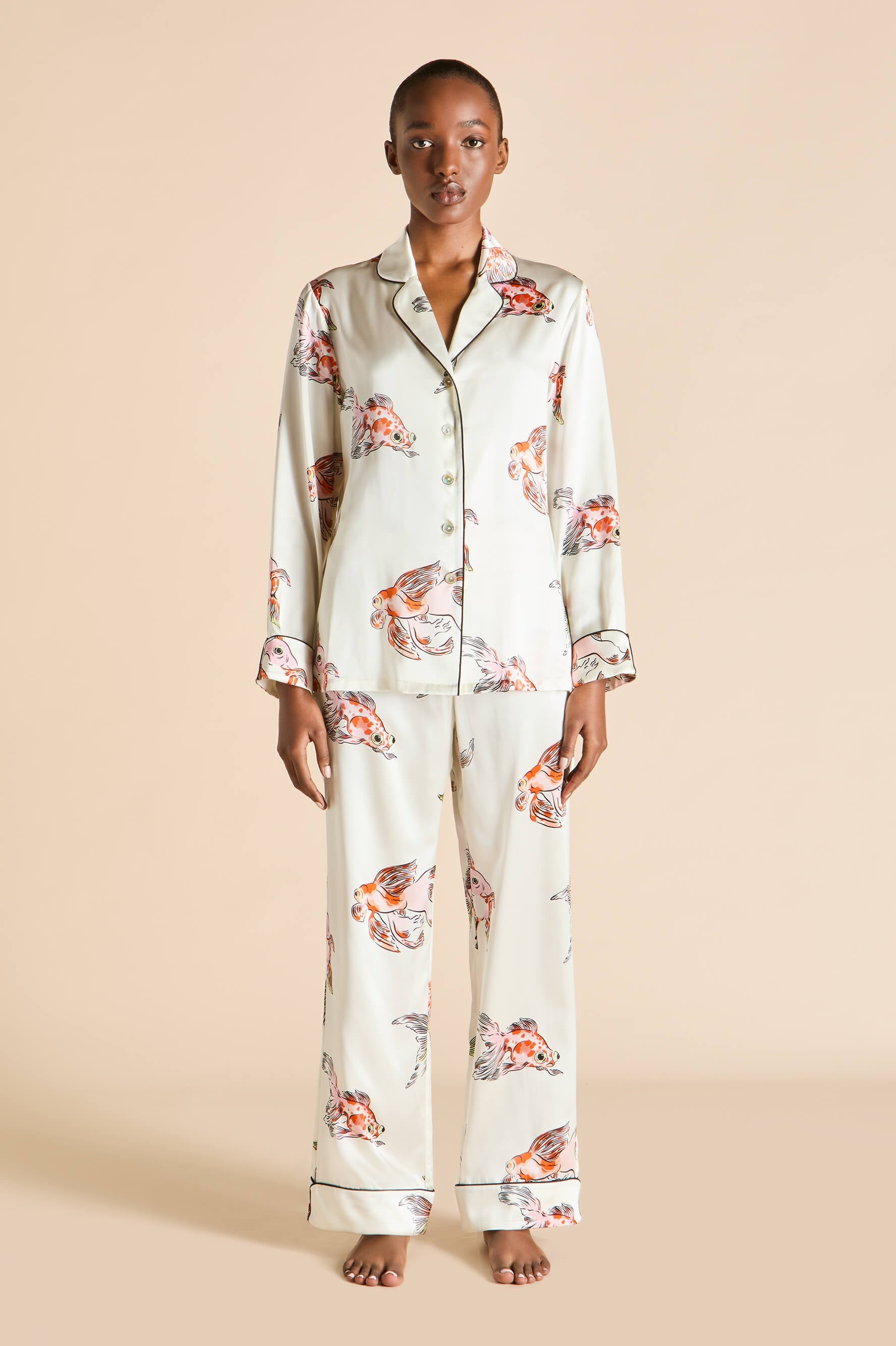 Lila Cora Ivory Goldfish Pyjamas in Silk Satin