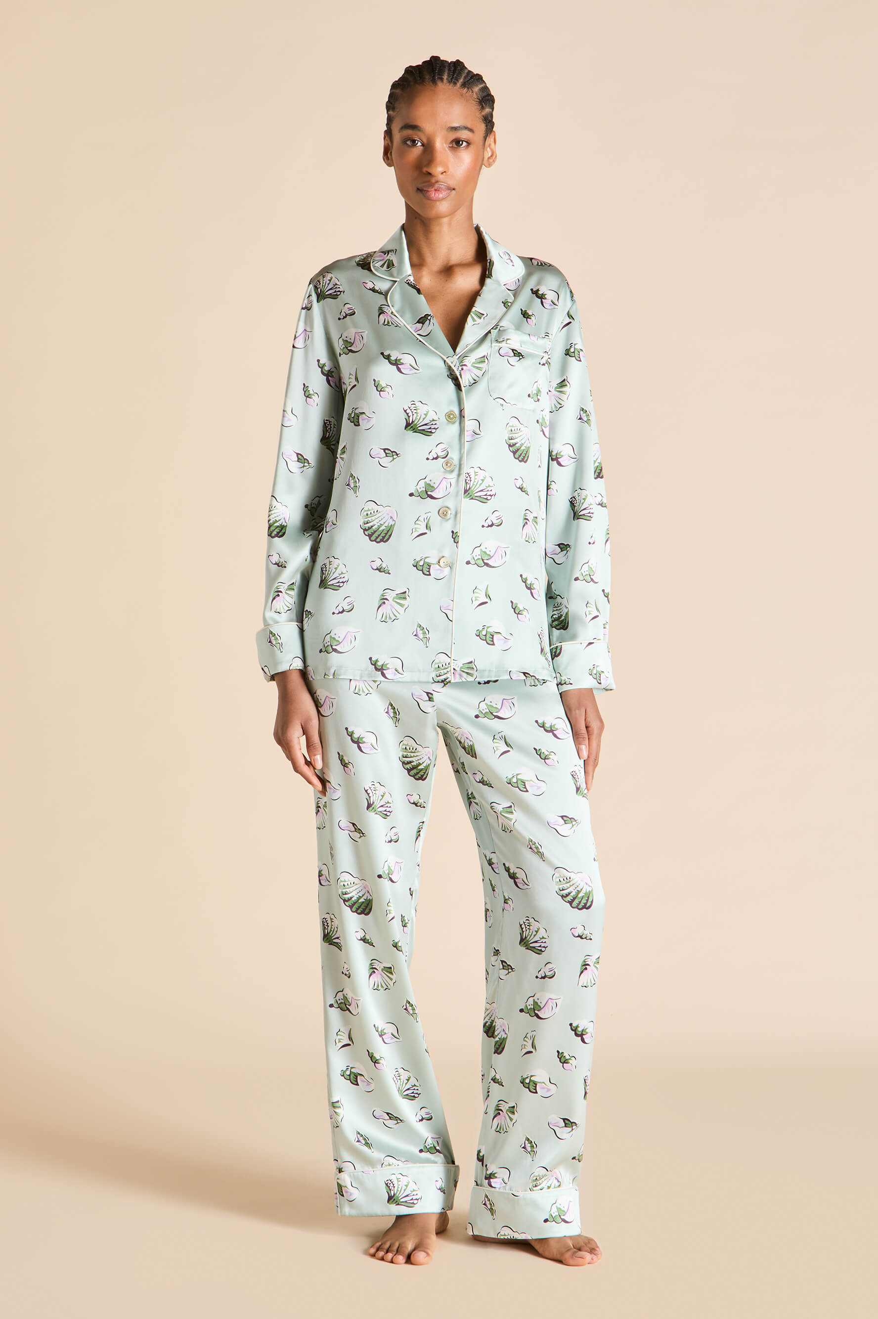 Lila Cowrie Blue Seashell Pyjamas in Silk Satin