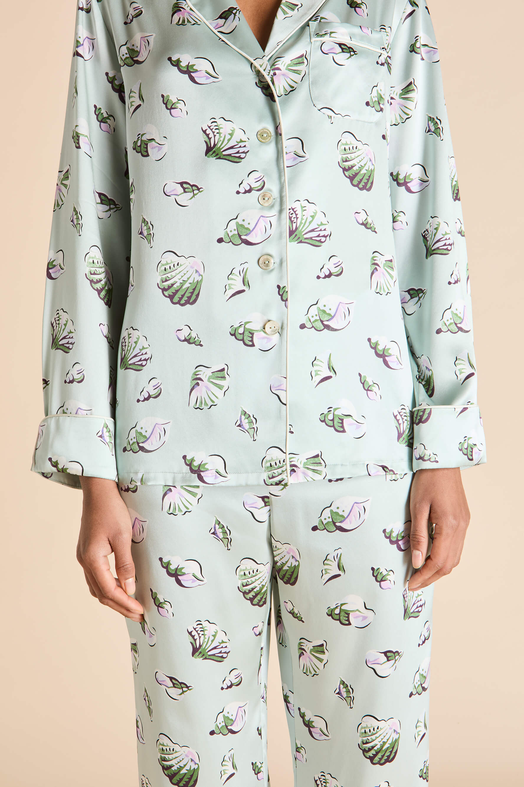 Lila Cowrie Blue Seashell Pyjamas in Silk Satin