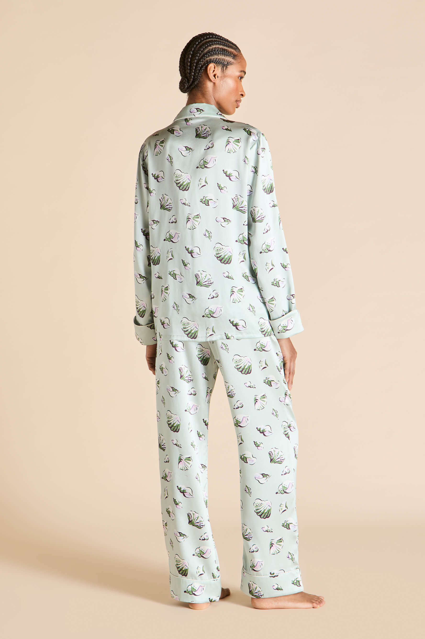 Lila Cowrie Blue Seashell Pyjamas in Silk Satin