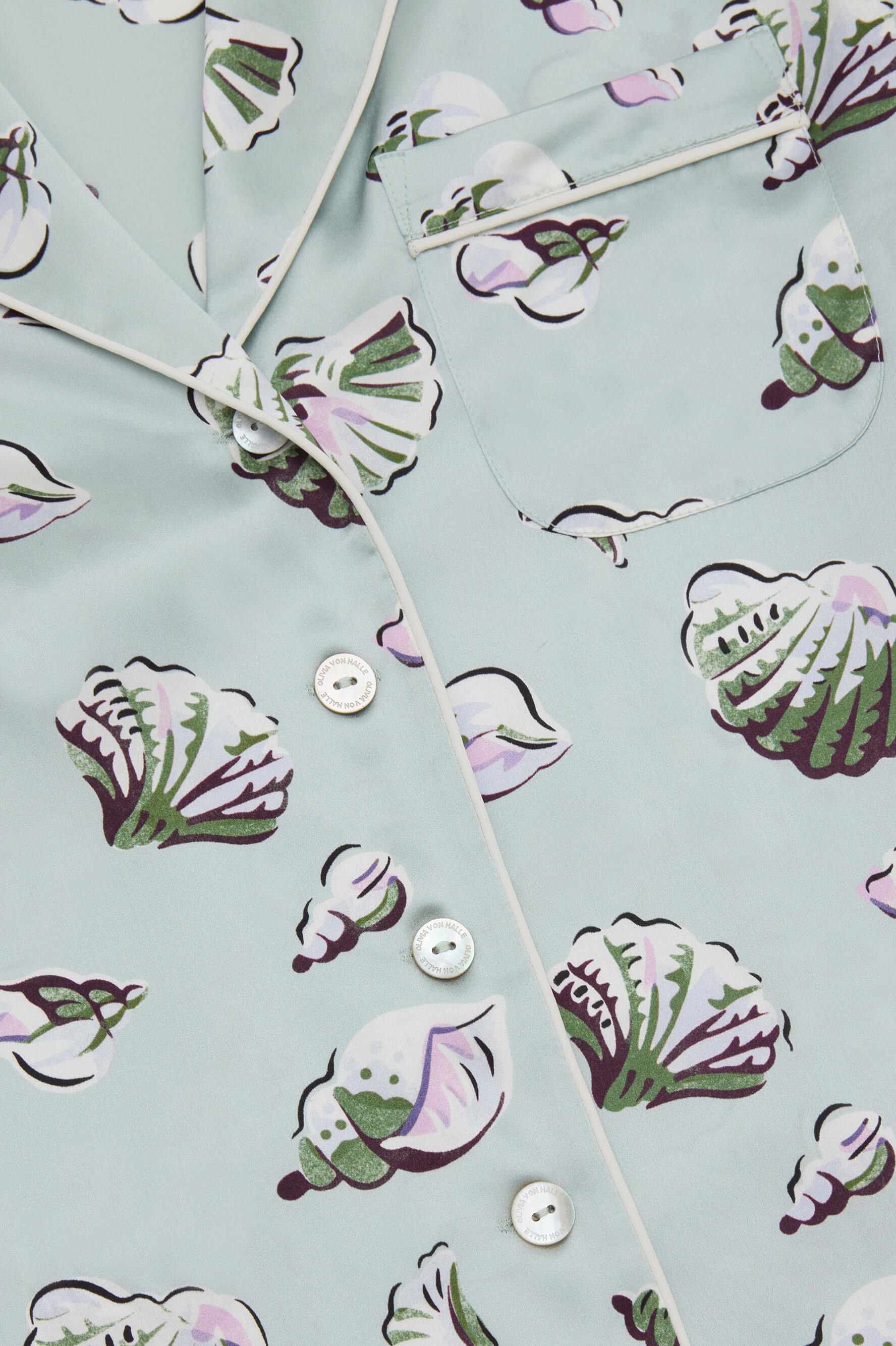 Lila Cowrie Blue Seashell Pyjamas in Silk Satin