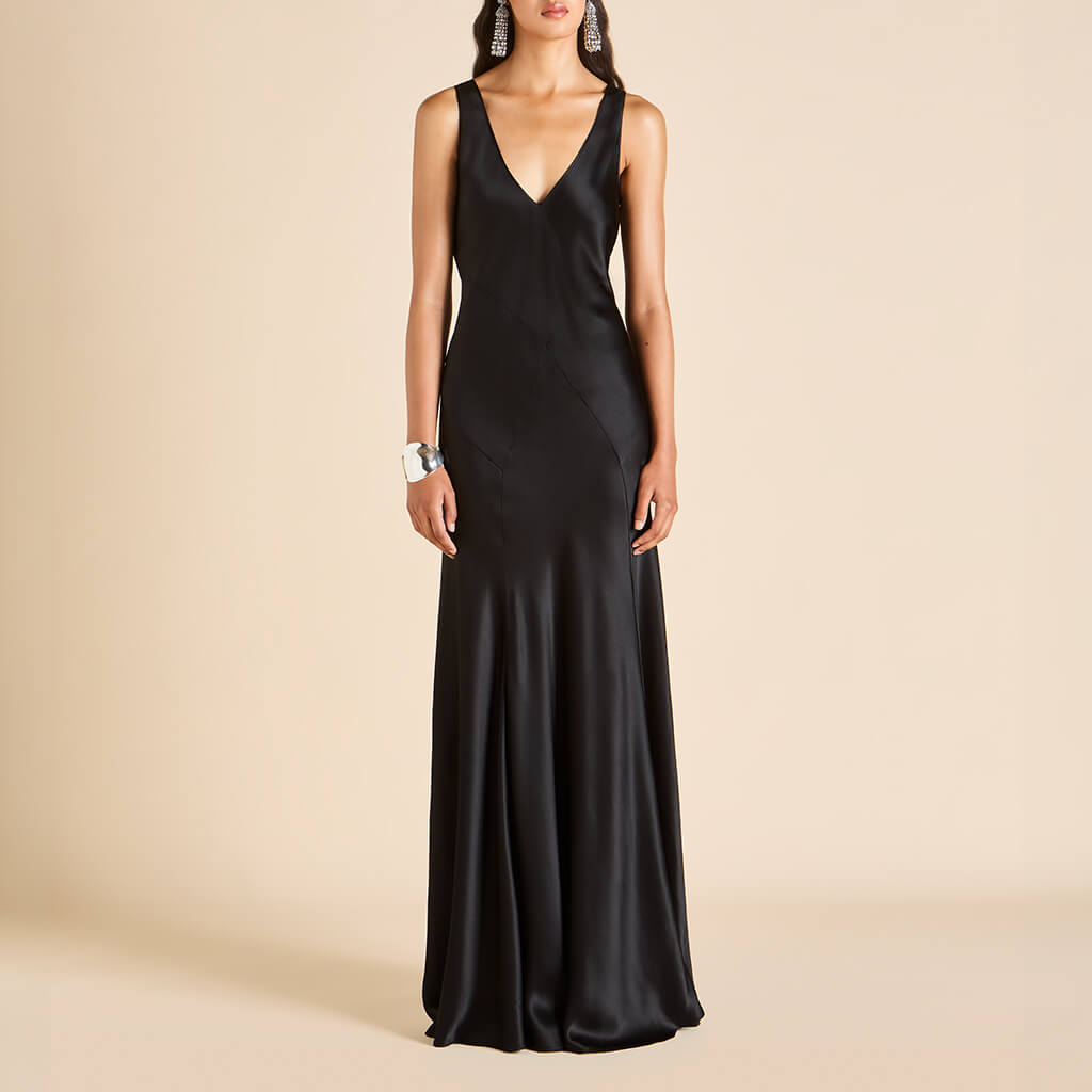 black silk sleeveless dress Olivia von Halle | Paloma Jet Black Dress in Silk Satin | Women