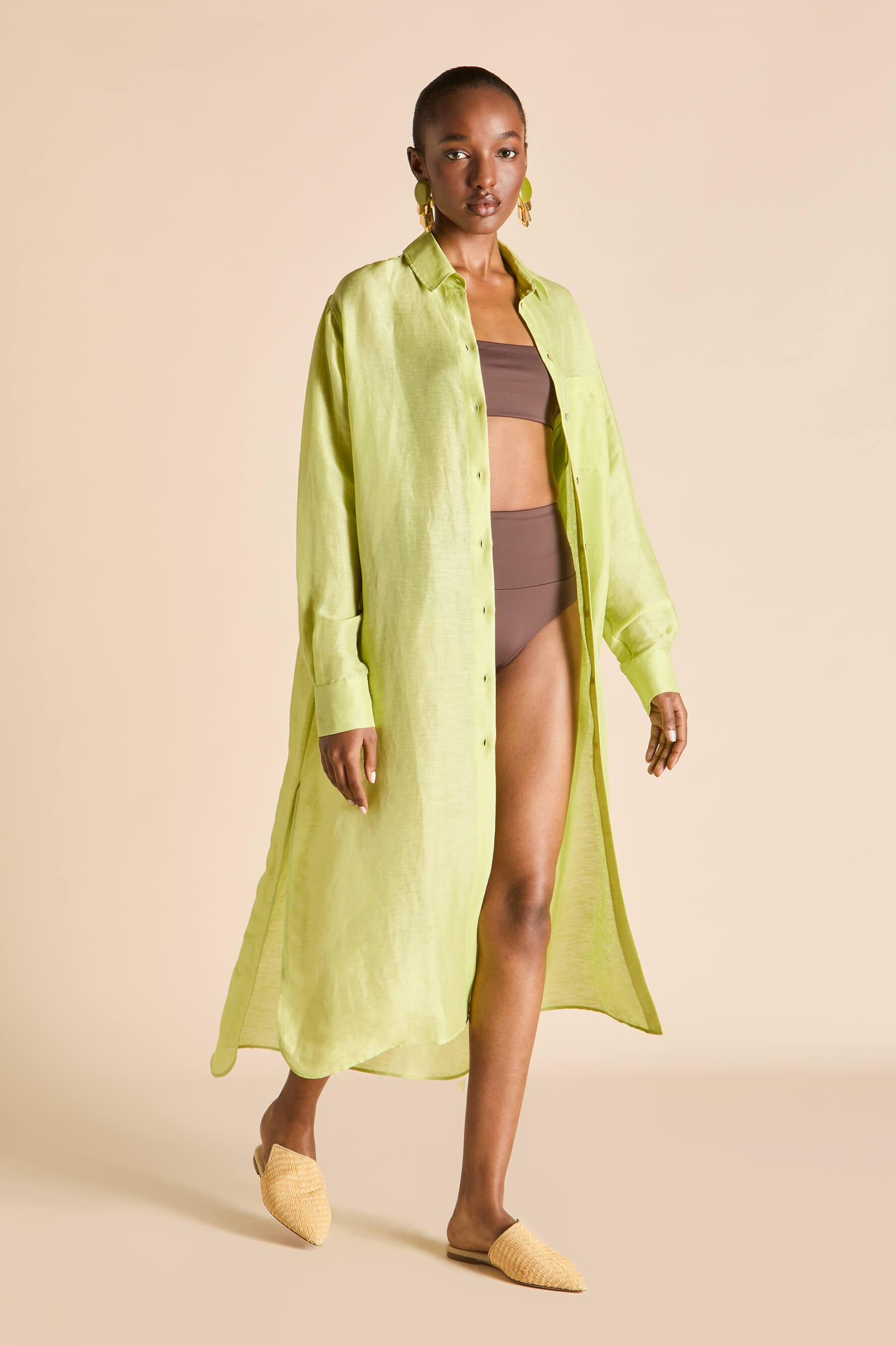 Phoebe Celery Green Shirt Dress in Linen-Silk