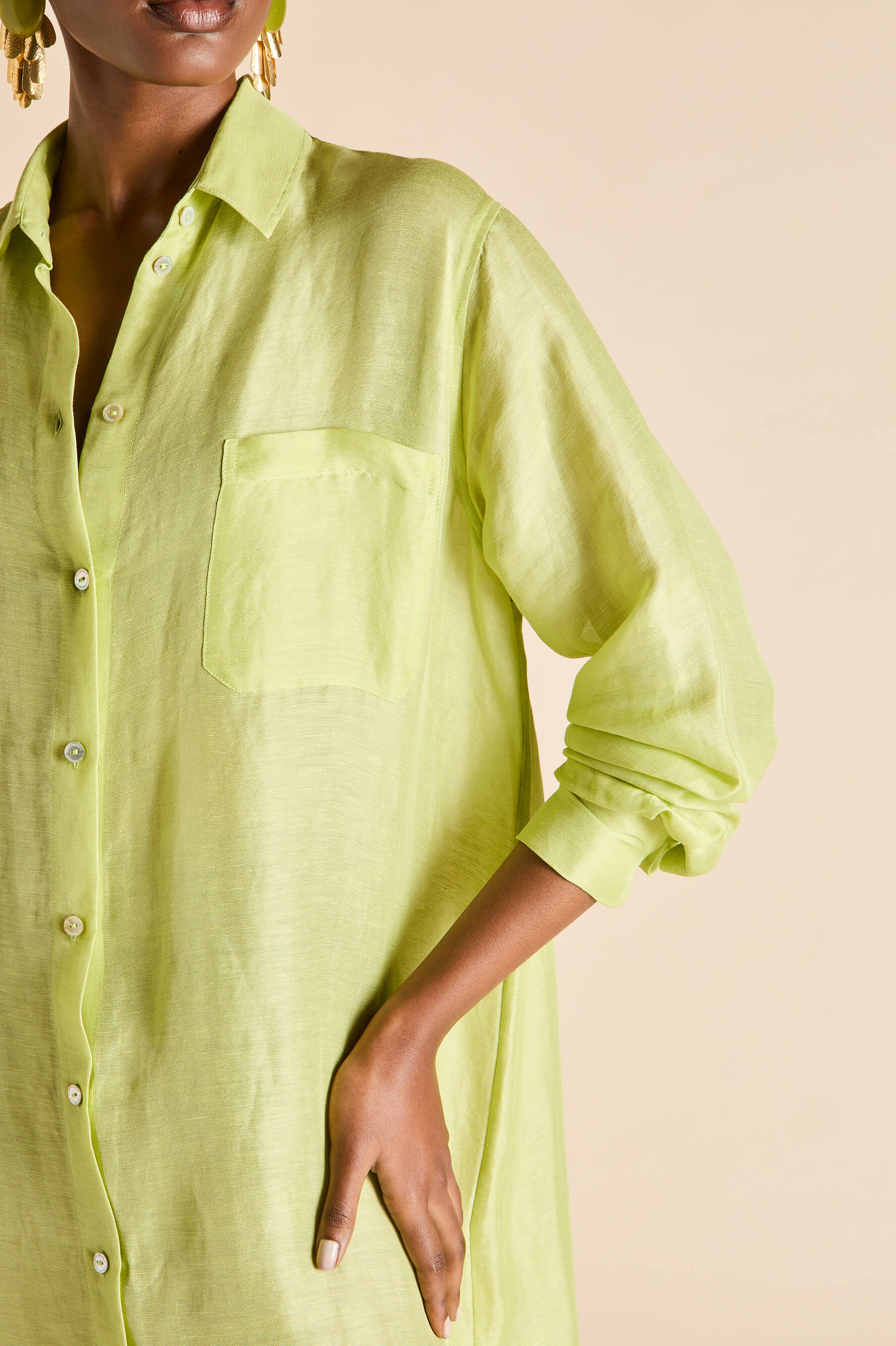 Phoebe Celery Green Shirt Dress in Linen-Silk