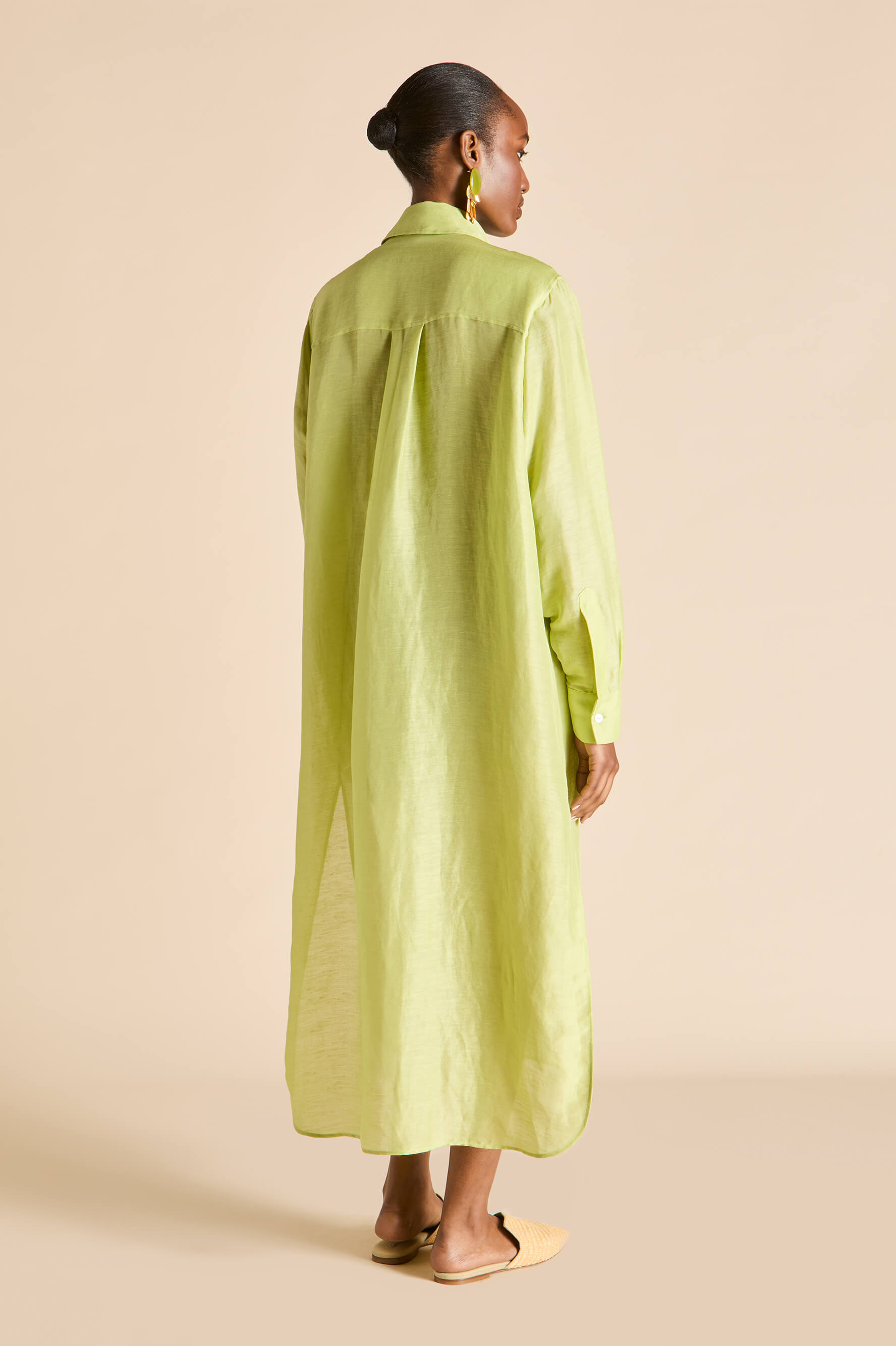 Phoebe Celery Green Shirt Dress in Linen-Silk
