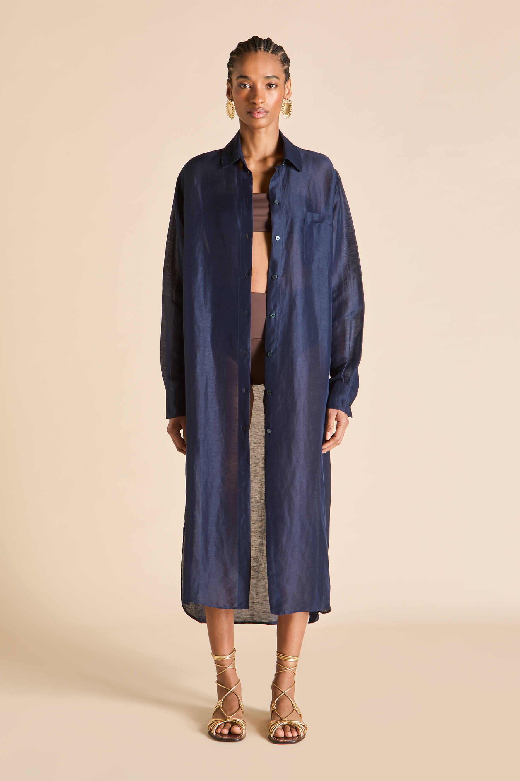 Phoebe Navy Shirt Dress in Linen-Silk