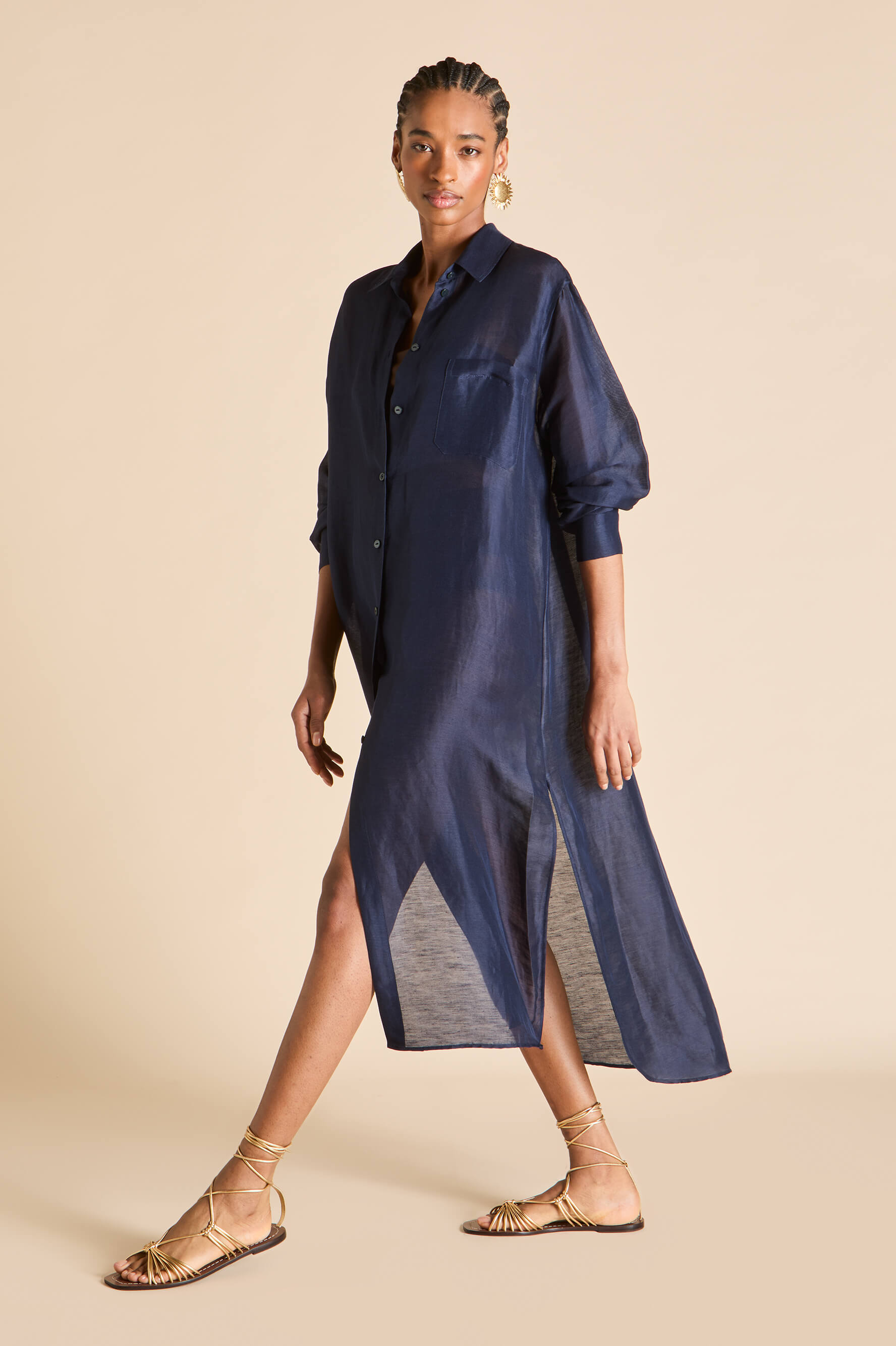 Phoebe Navy Shirt Dress in Linen-Silk