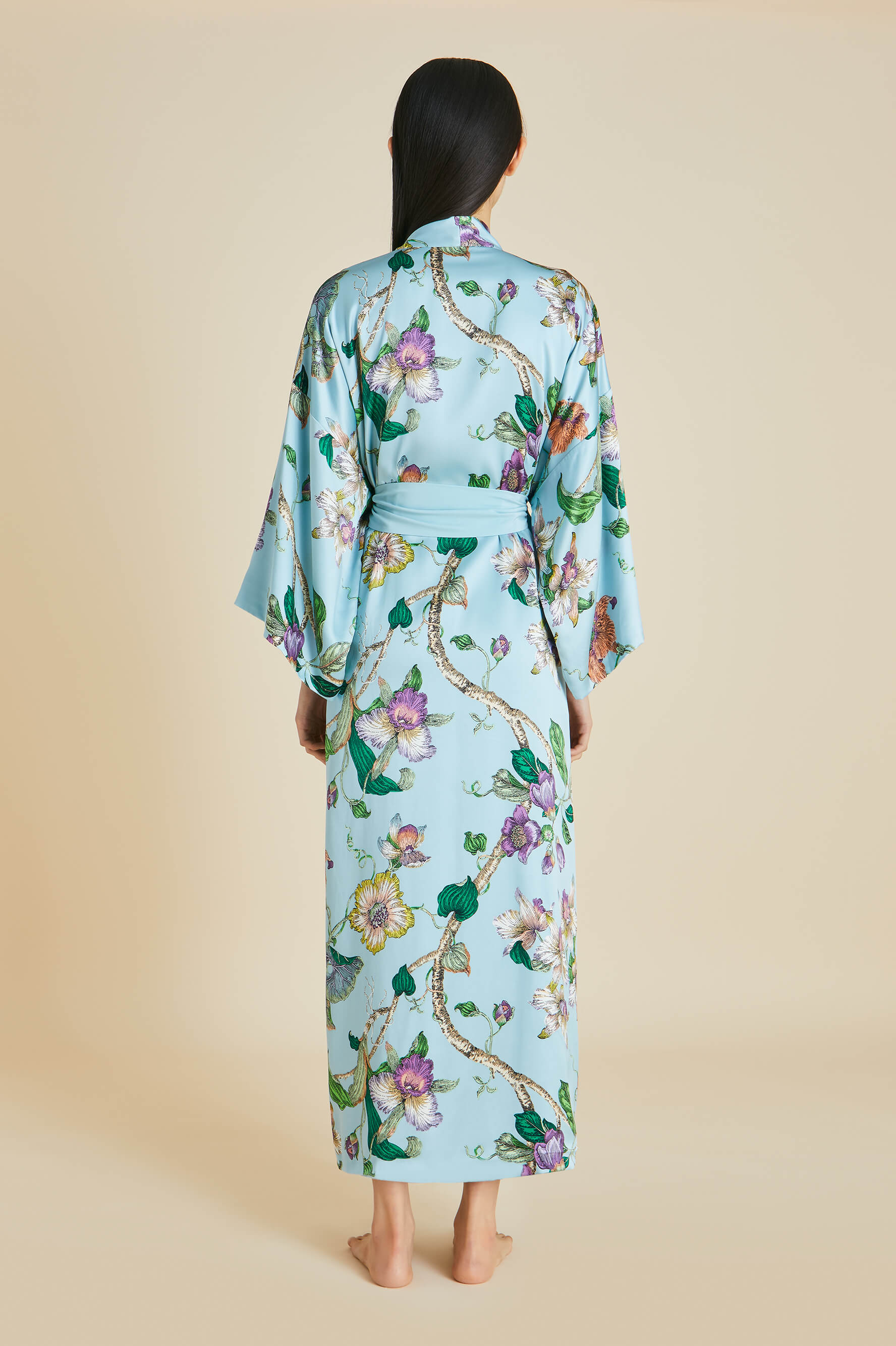 Queenie Ceres Blue Floral Robe in Silk Satin