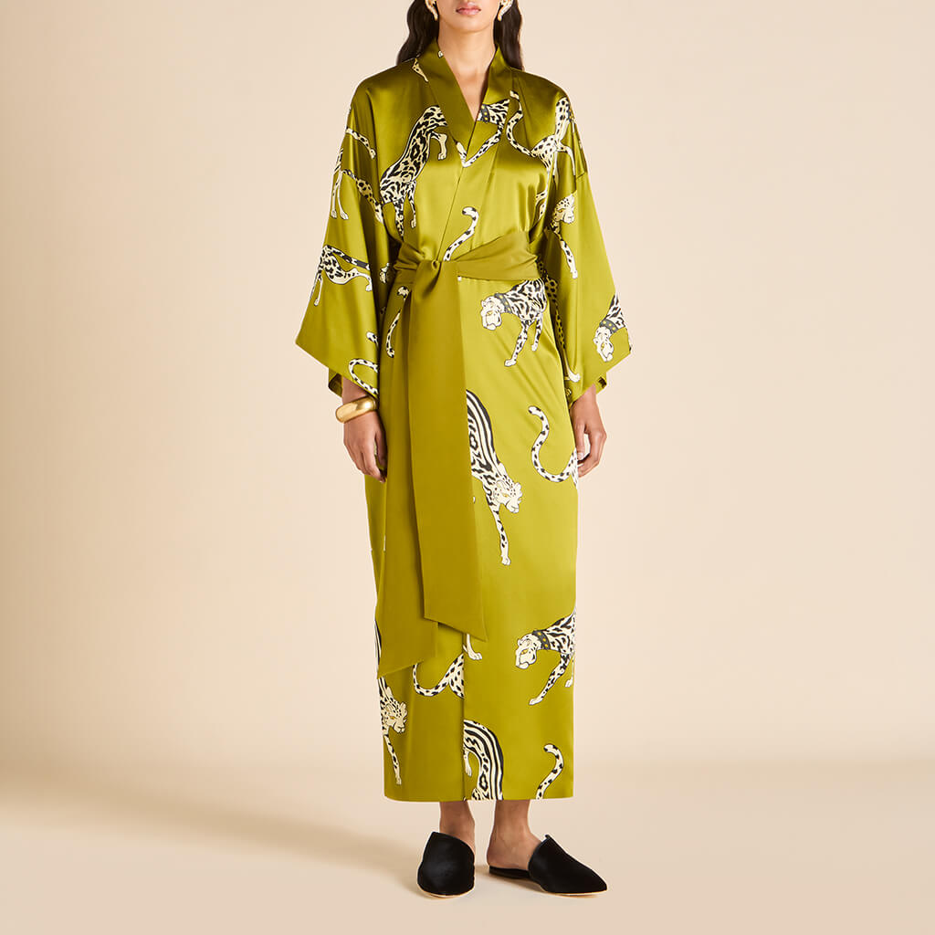 Olivia von Halle | Queenie Chanson Green Leopard Robe in Silk Satin | Women | Green Luxury Dressing Gowns