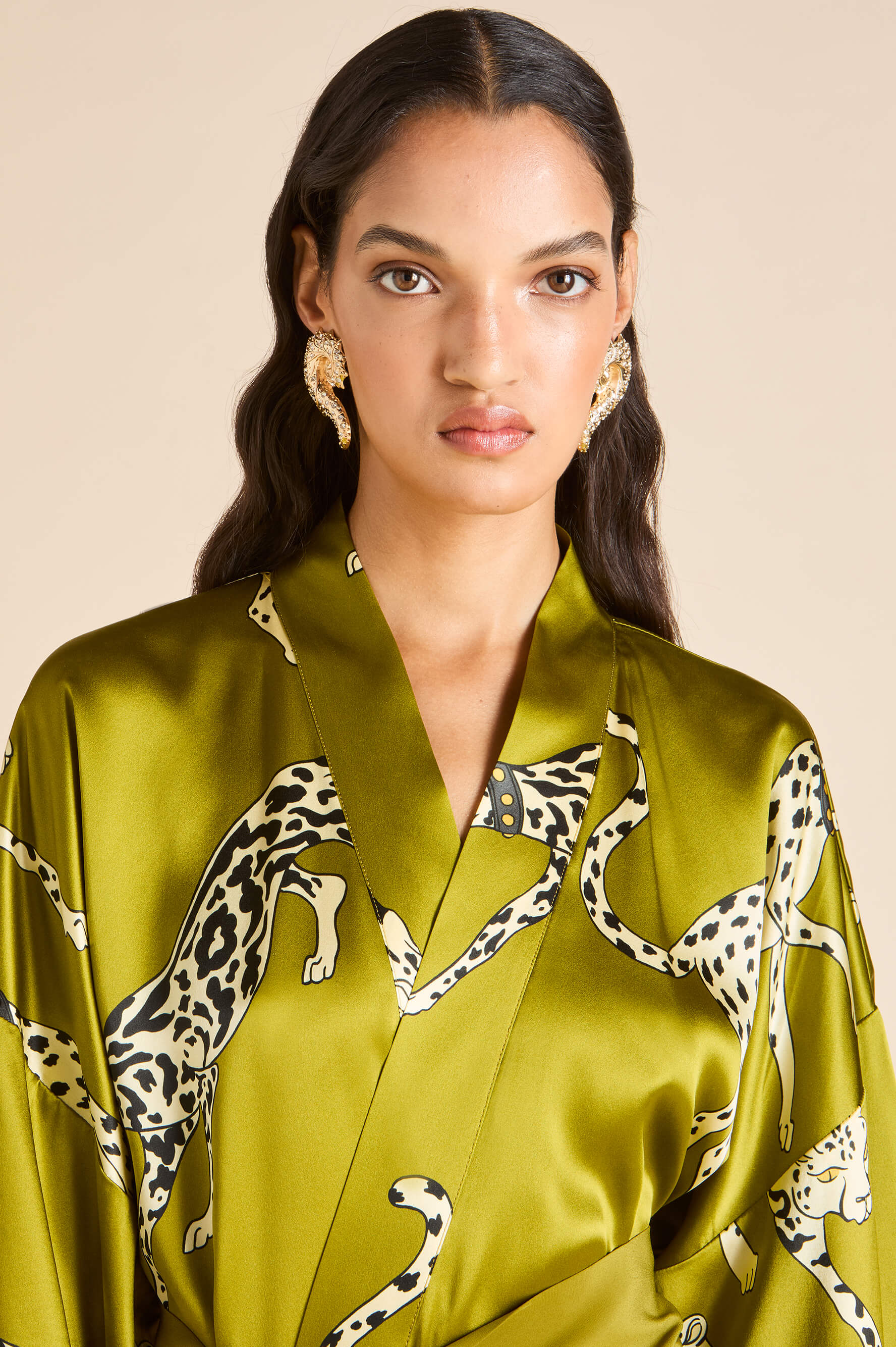 queenie chanson green leopard robe in silk satin