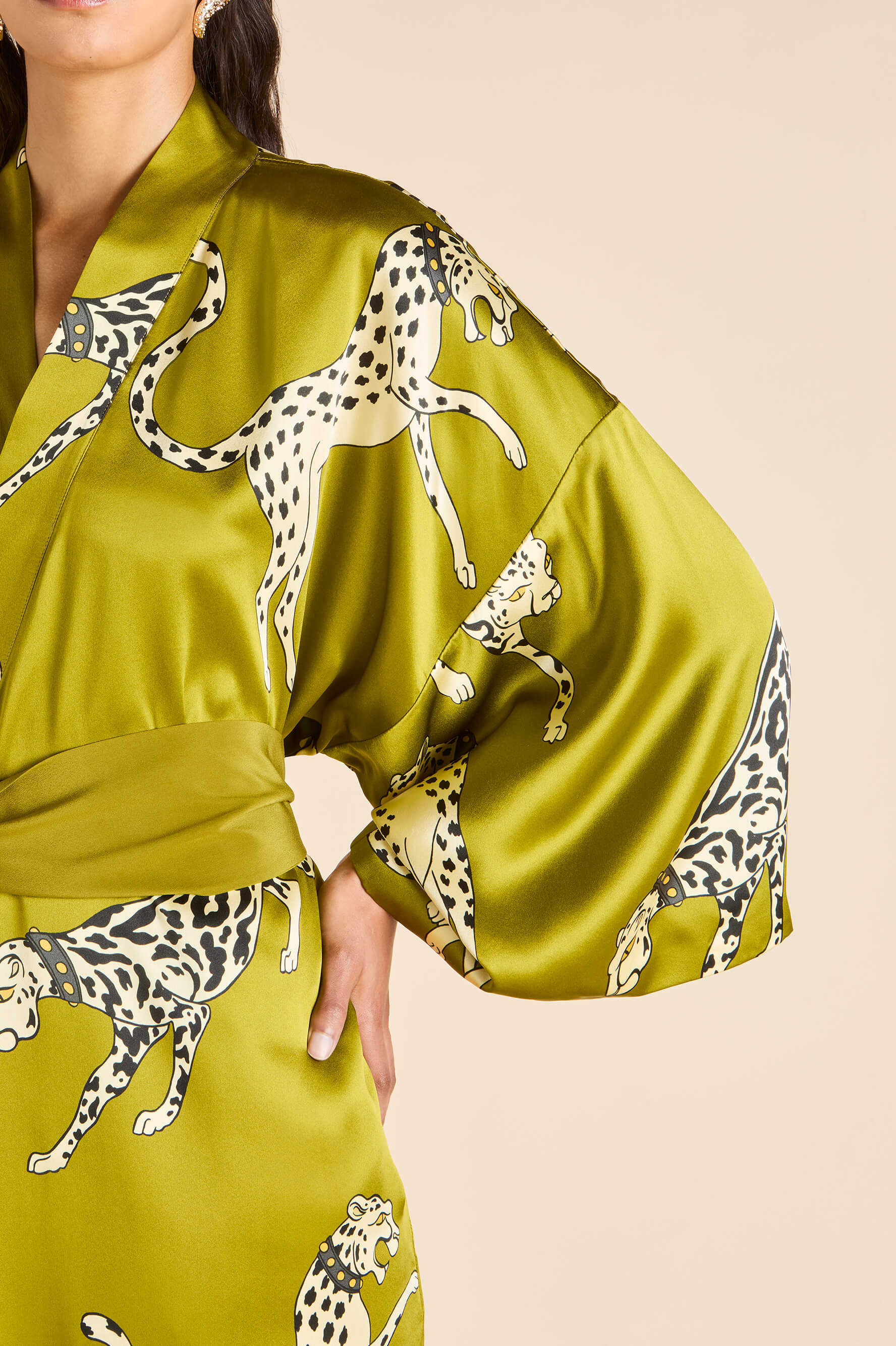 Queenie Chanson Green Leopard Robe in Silk Satin