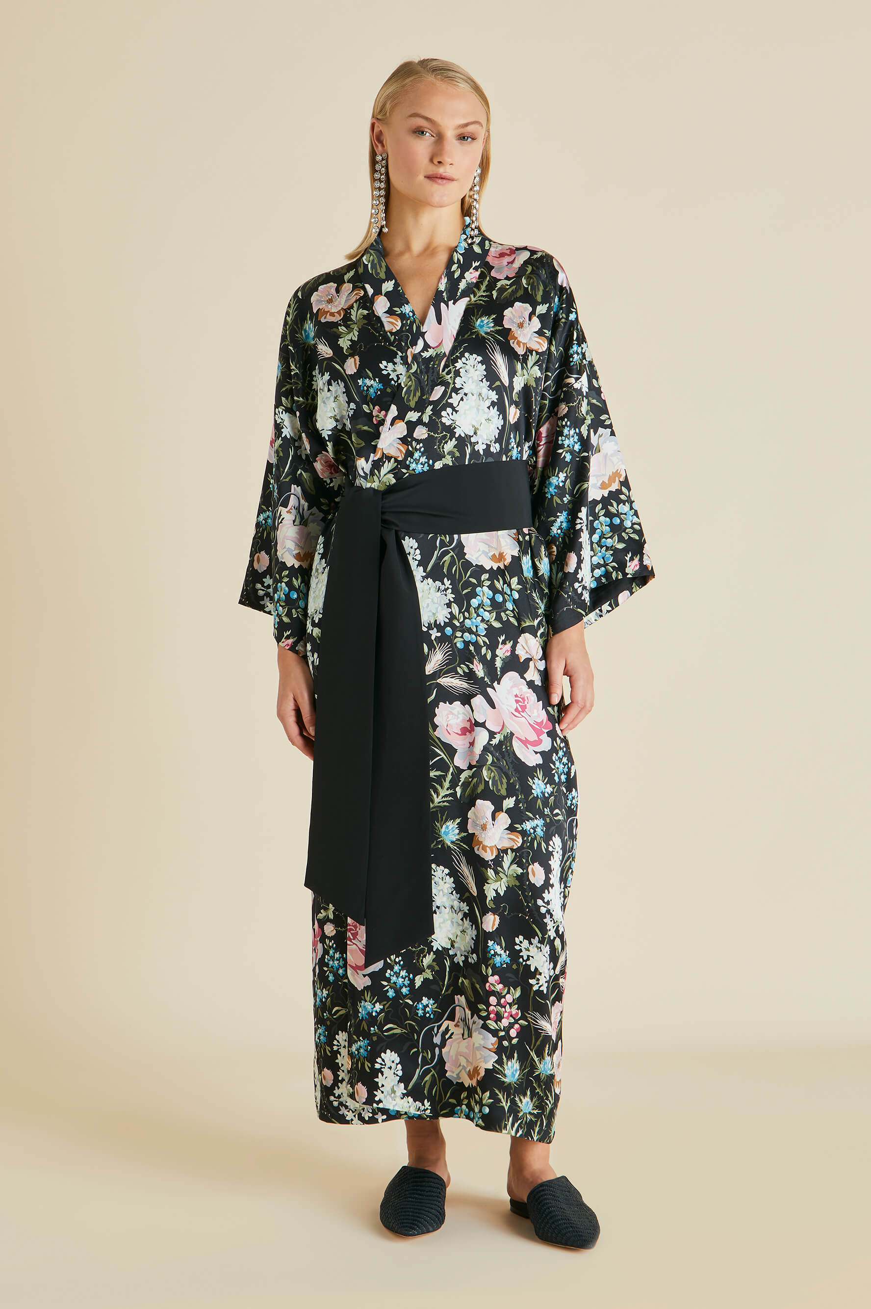 Queenie Esme Black Floral Robe in Silk Satin