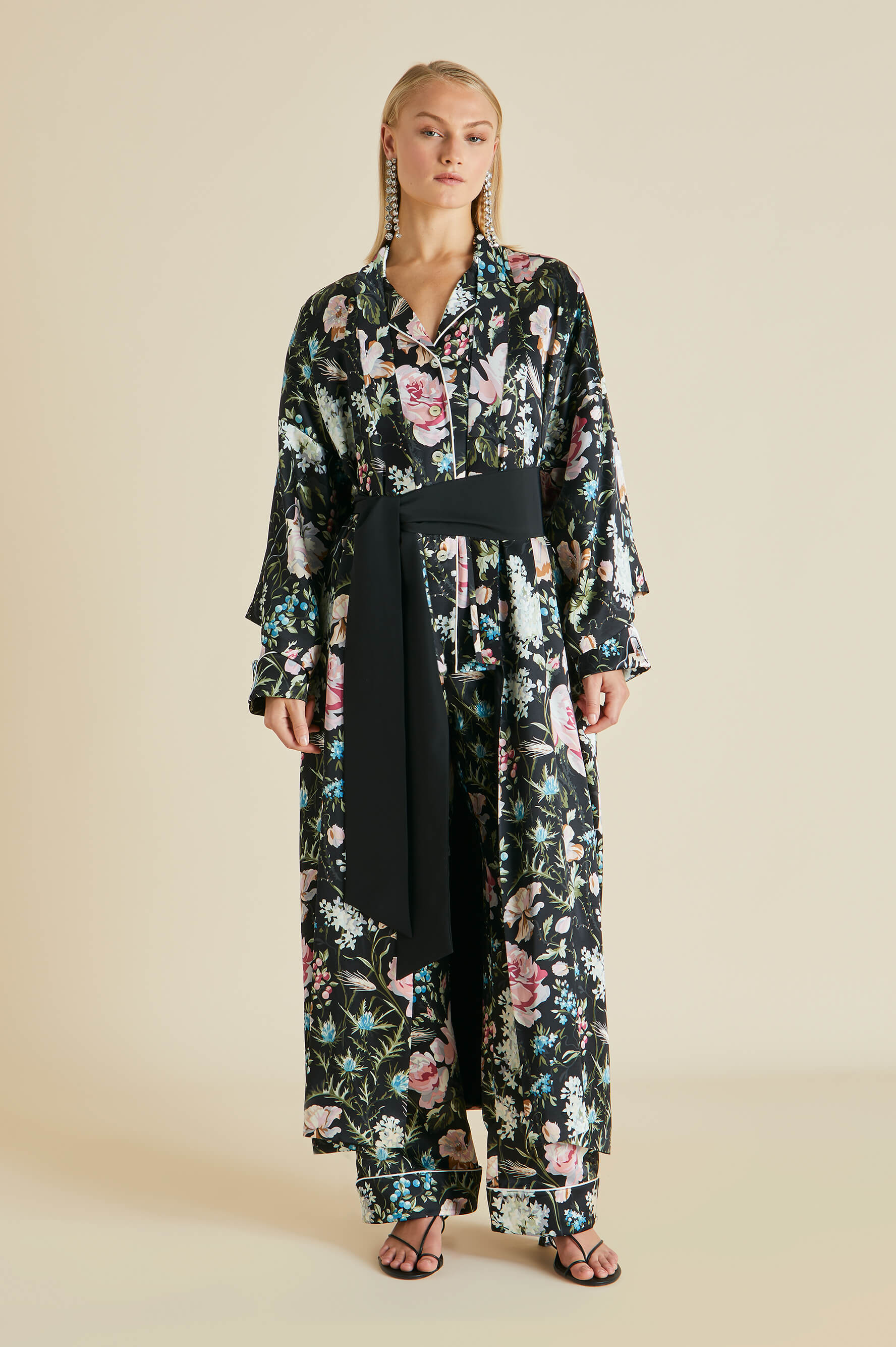 Queenie Esme Black Floral Robe in Silk Satin