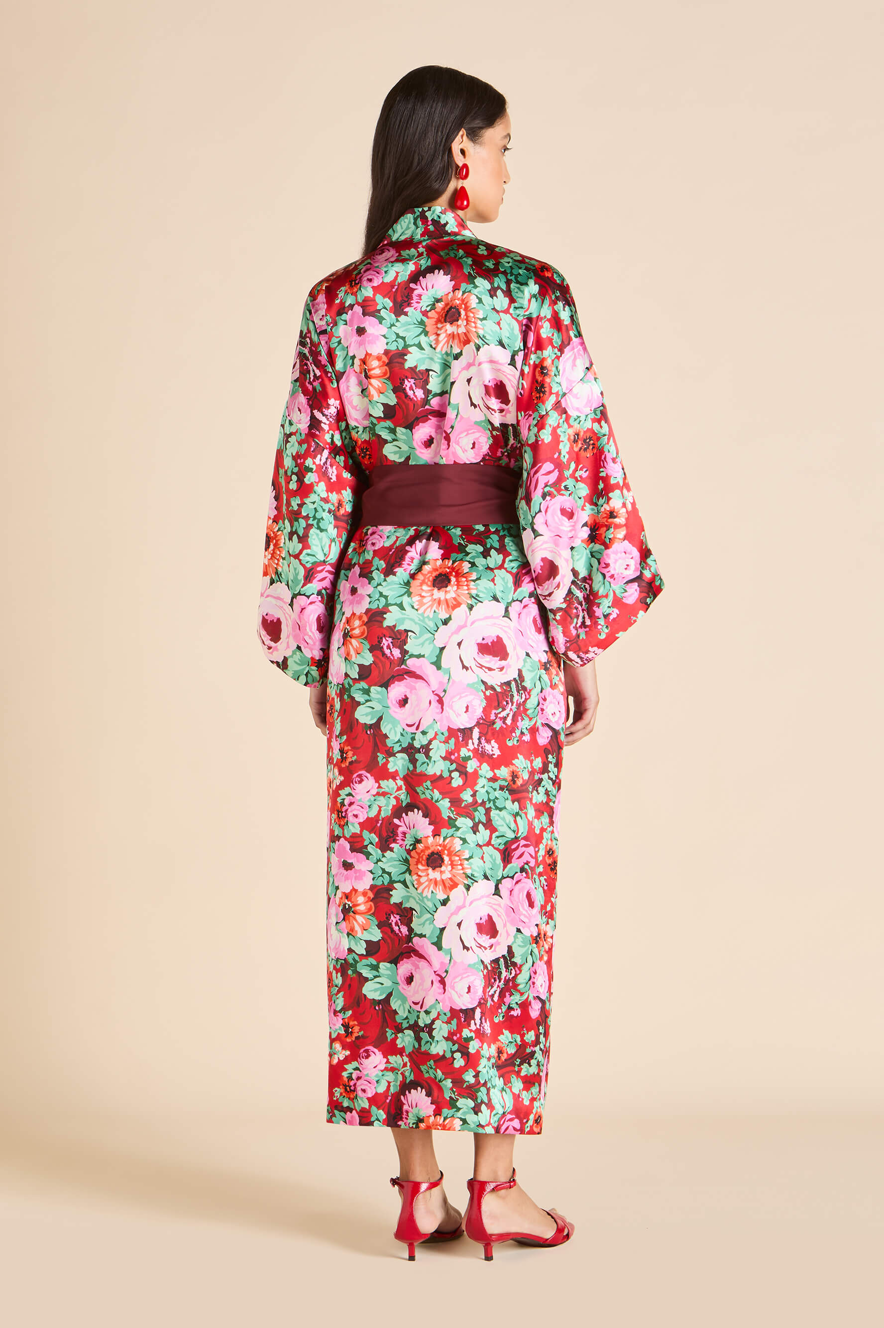 Queenie Moulin Red Floral Robe in Silk Satin