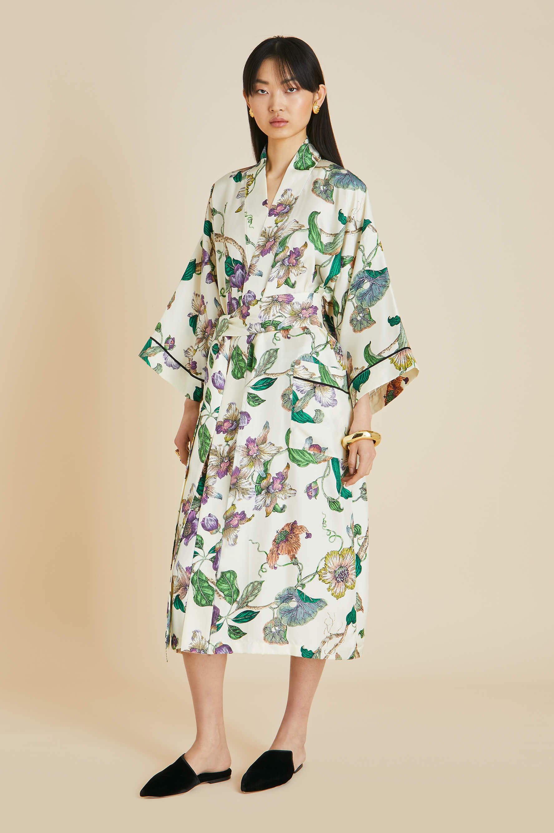 Sabine Aura Ivory Floral Robe in Silk Twill