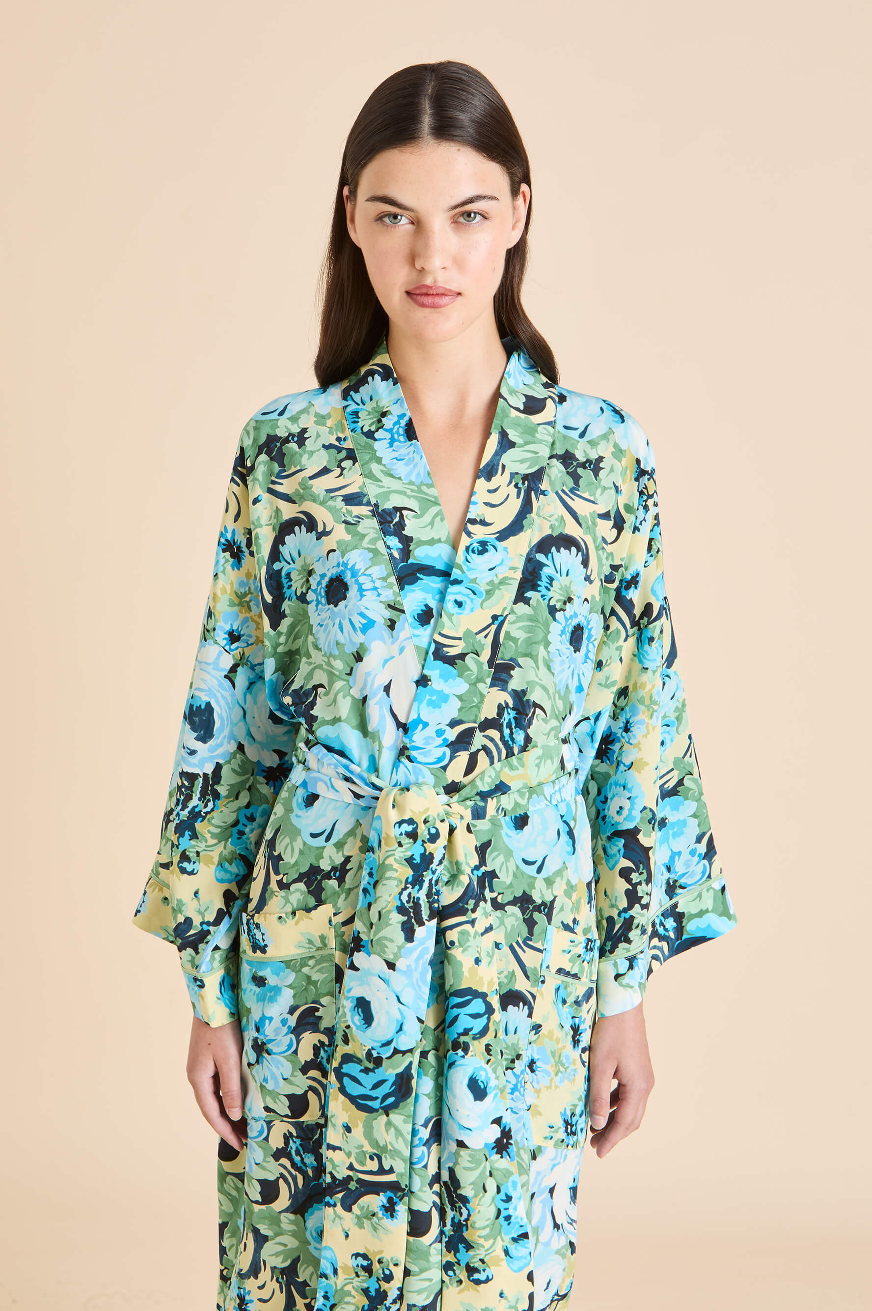Sabine Jardin Blue Floral Robe in Silk Crêpe de Chine