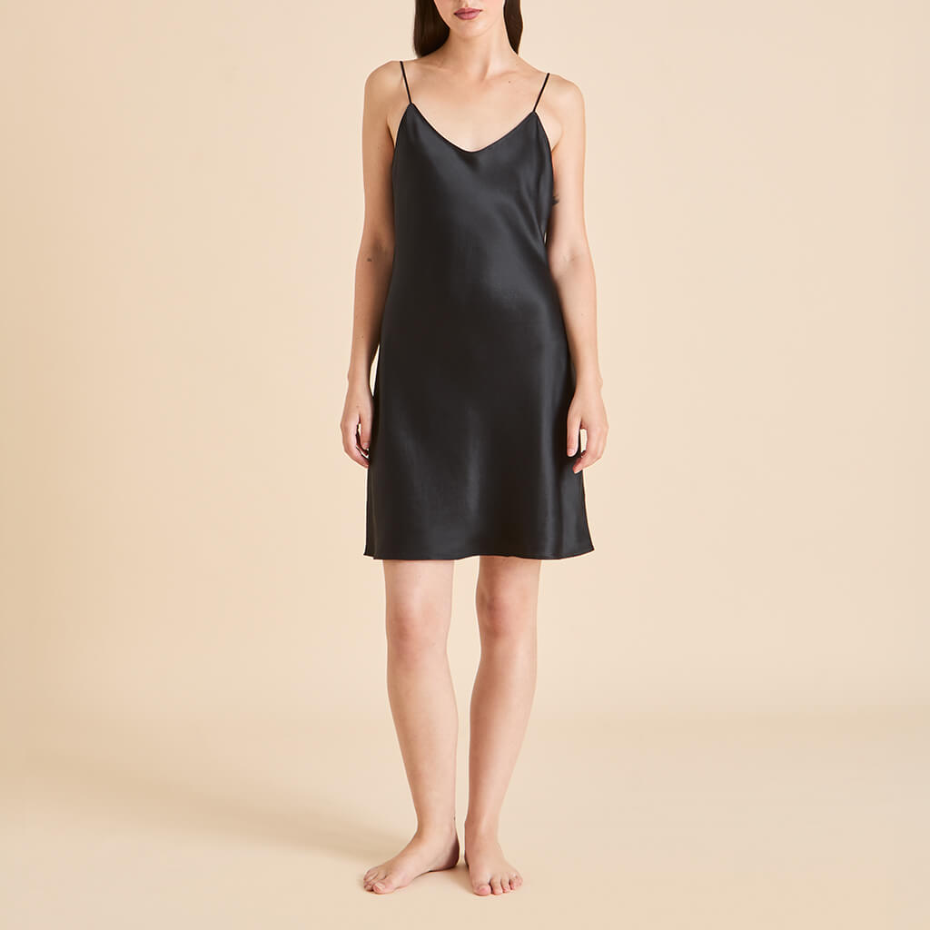 Venus Jet Black Slip Dress in Silk Satin | Olivia von Halle
