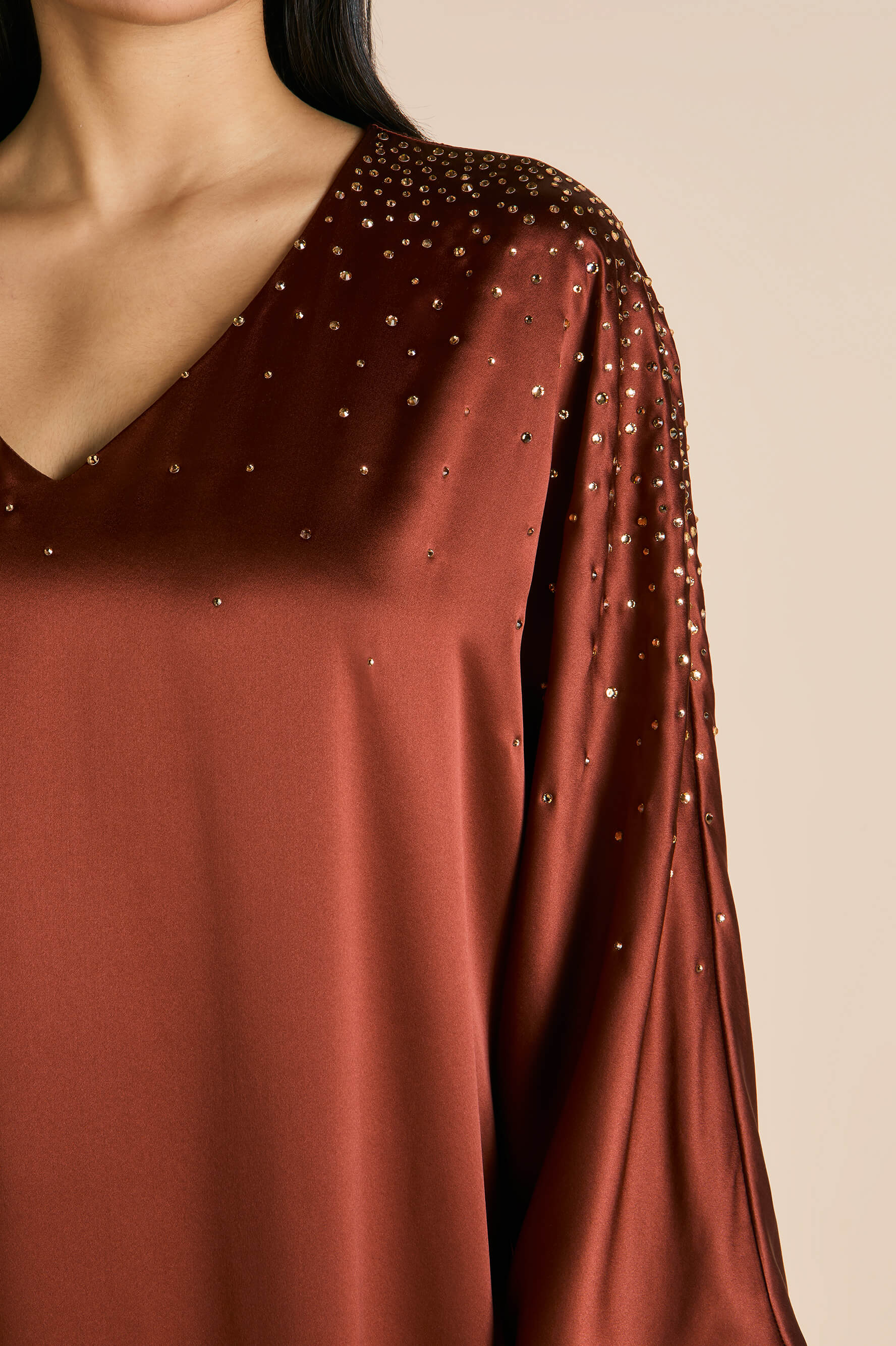 vreeland astrid bronze embellished dress in silk satin