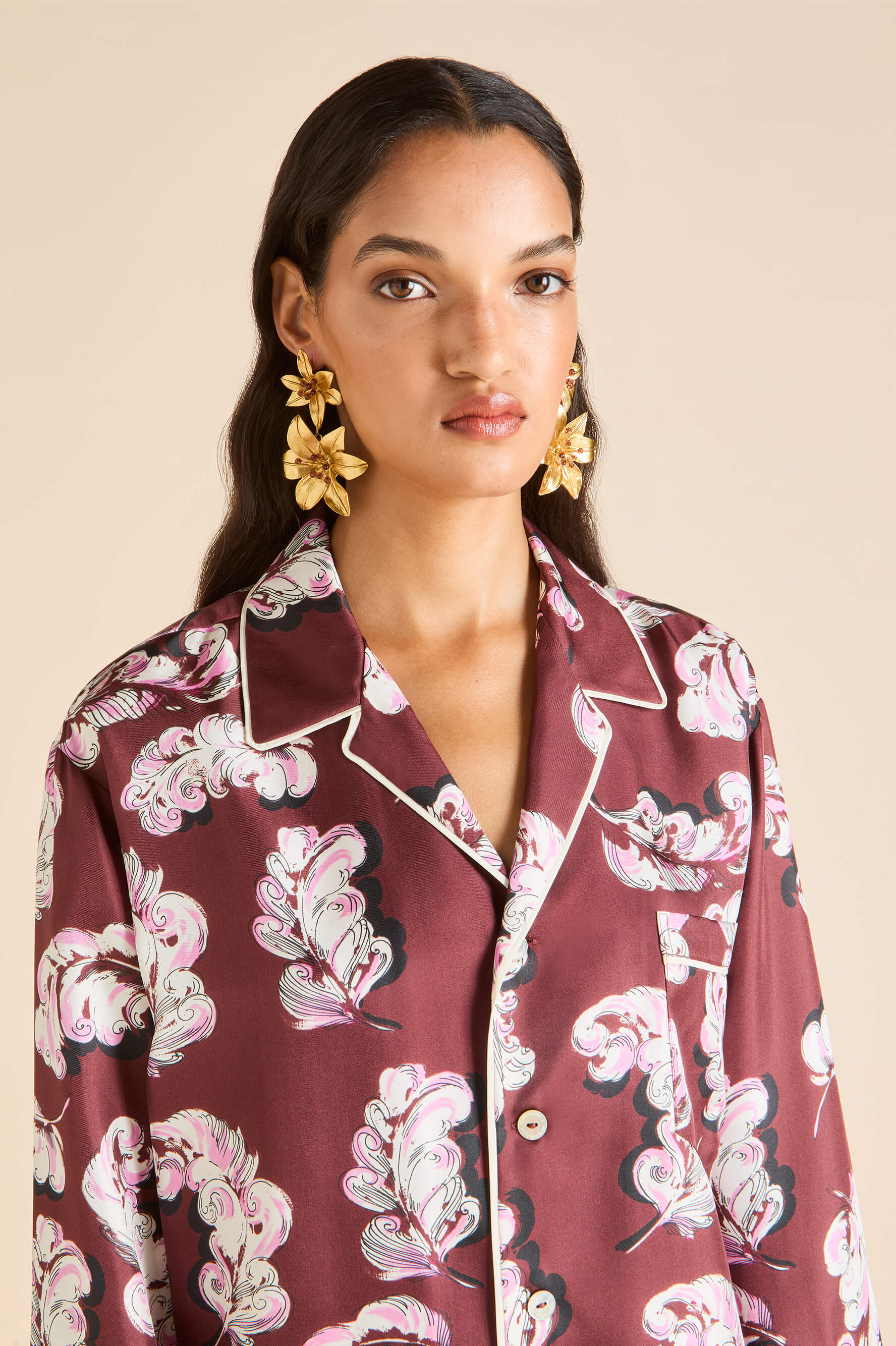 Yves Boudoir Maroon Feather Pyjamas in Silk Twill