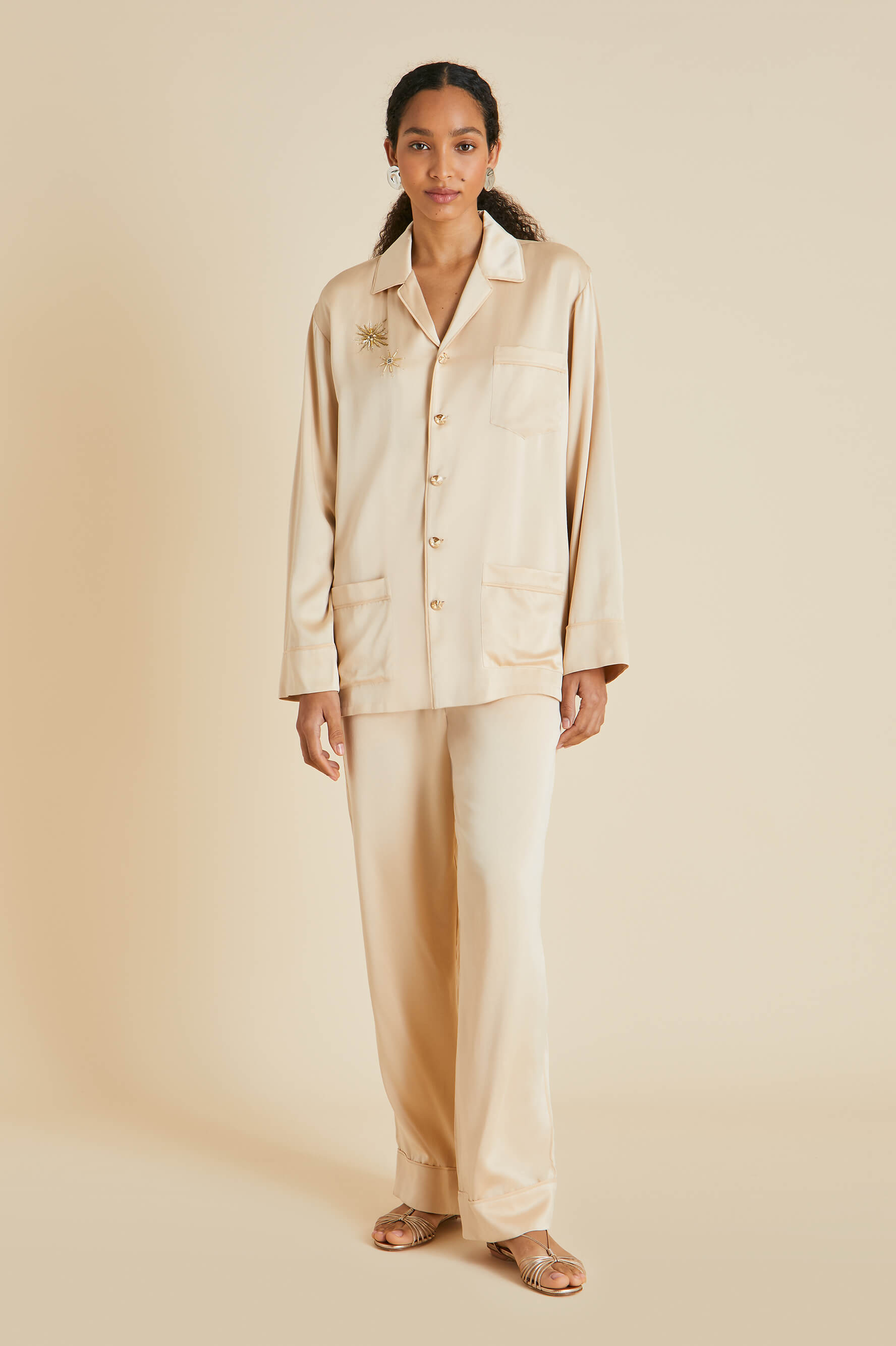 Yves Celestine Caramel Embellished Pyjamas in Sandwashed Silk