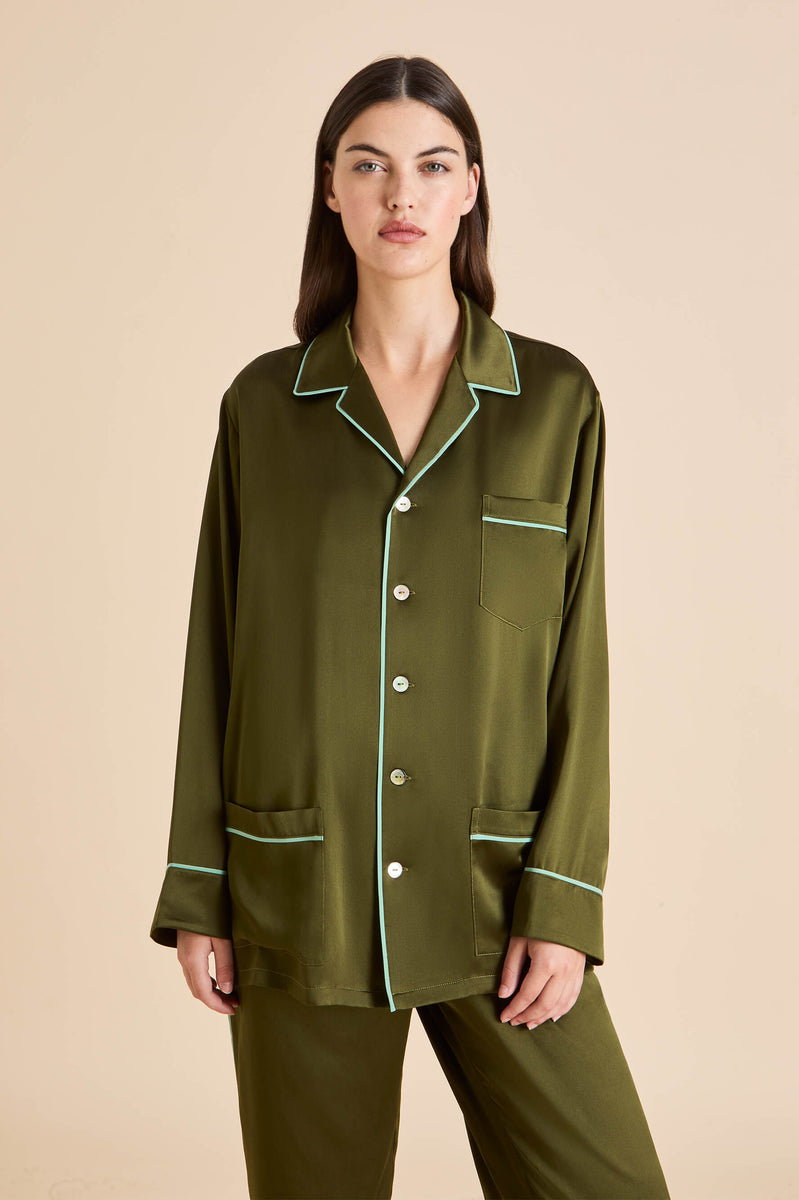 Yves Ivy Green Pyjamas in Silk Satin | Olivia von Halle