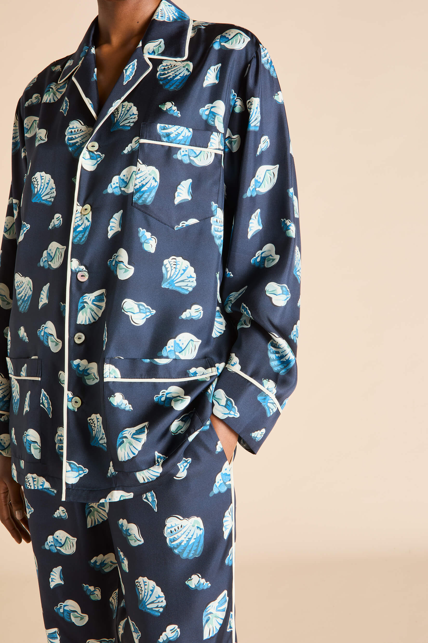 Yves Nautilus Navy Seashell Pyjamas in Silk Twill
