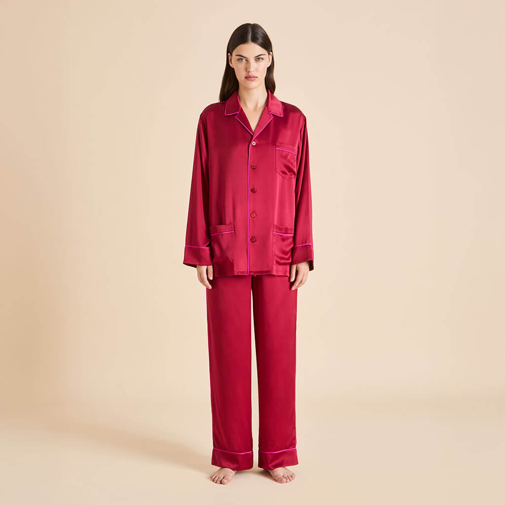 Olivia Von Halle | Yves Russet Red Pajamas in Silk Satin | Women | Silk Pyjamas Set