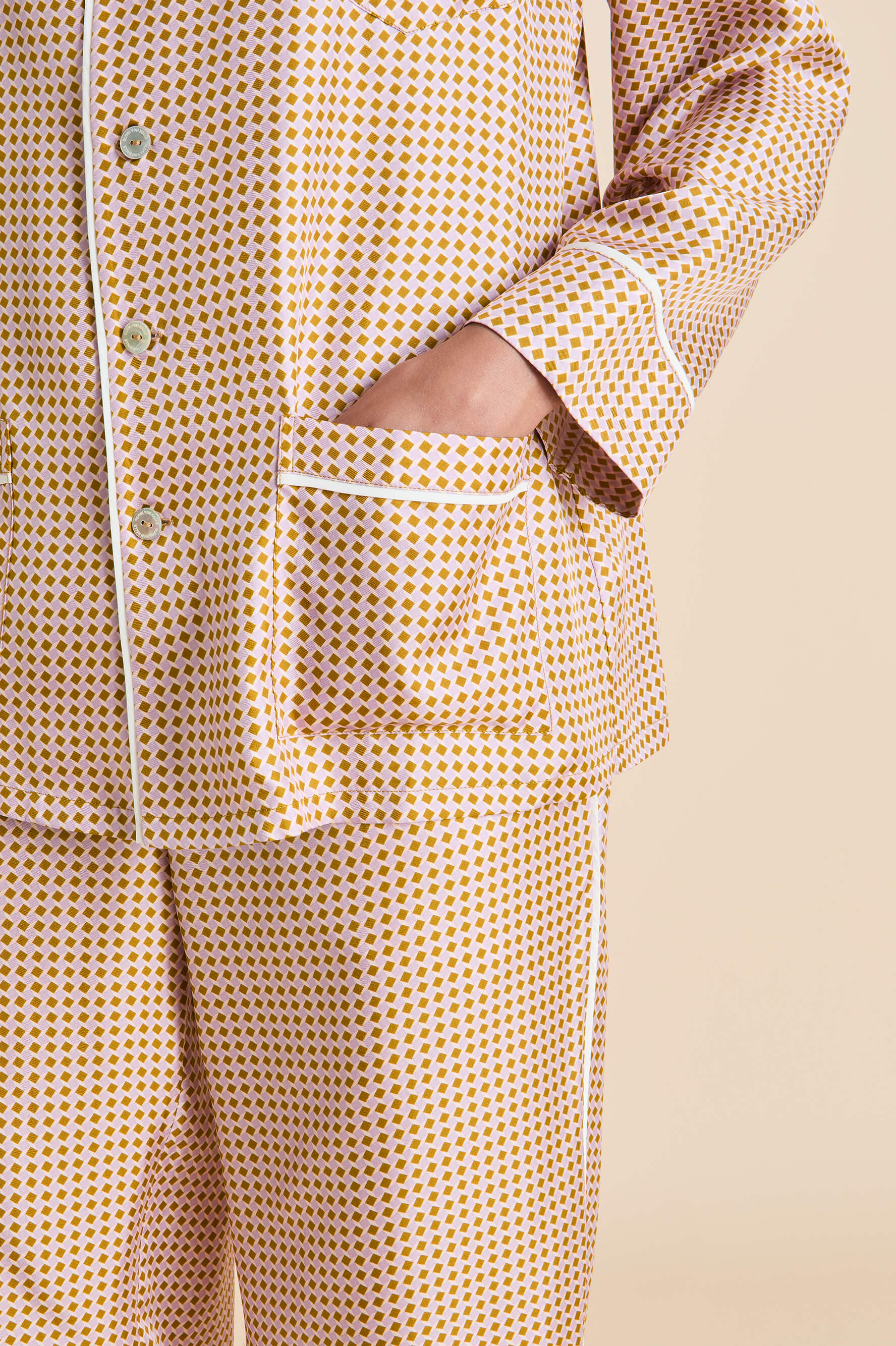 yves sarazzin pink geometric pyjamas in silk twill