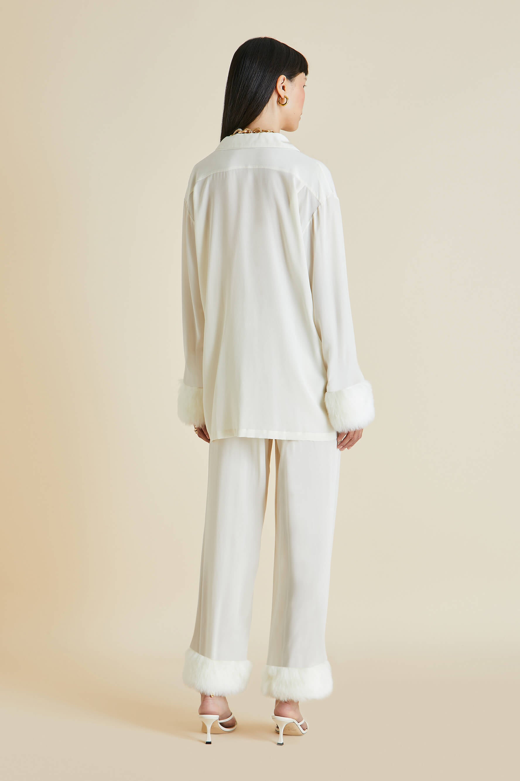 Casablanca Kiki Faux Fur Pyjama Set in Silk Crêpe de Chine