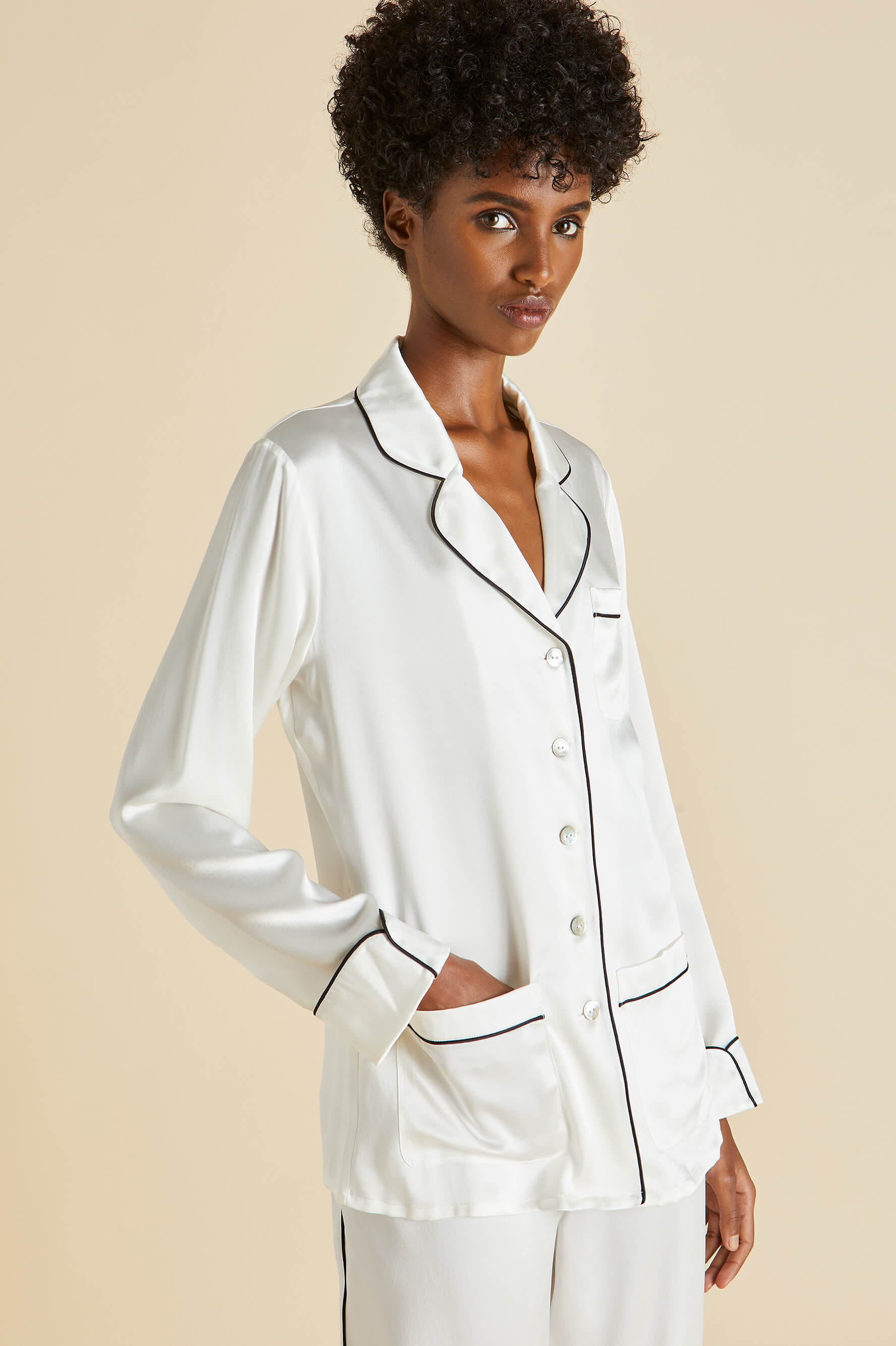 Coco Ivory Jet Black Pyjamas in Silk Satin