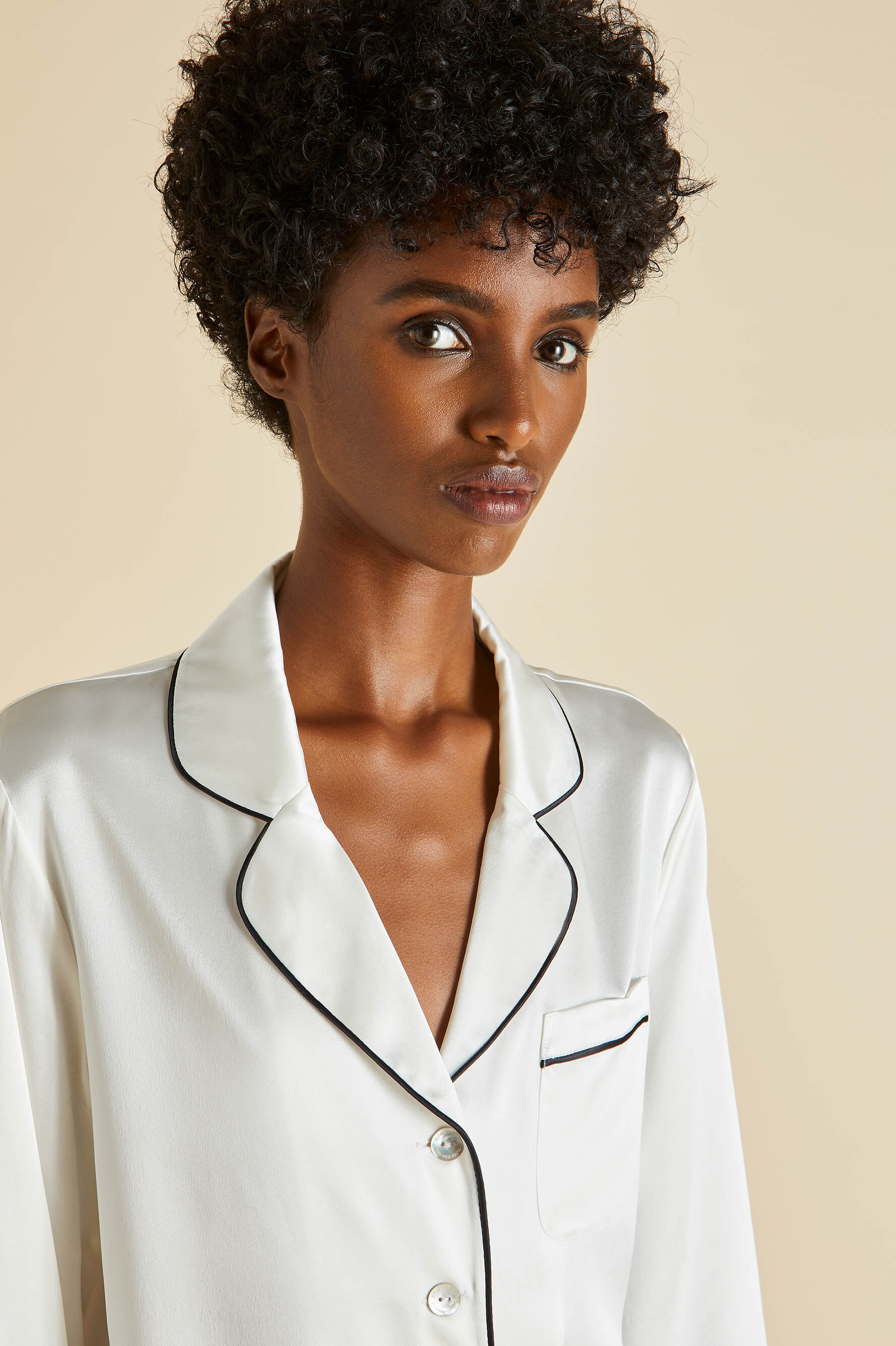 Coco Ivory Jet Black Pyjamas in Silk Satin