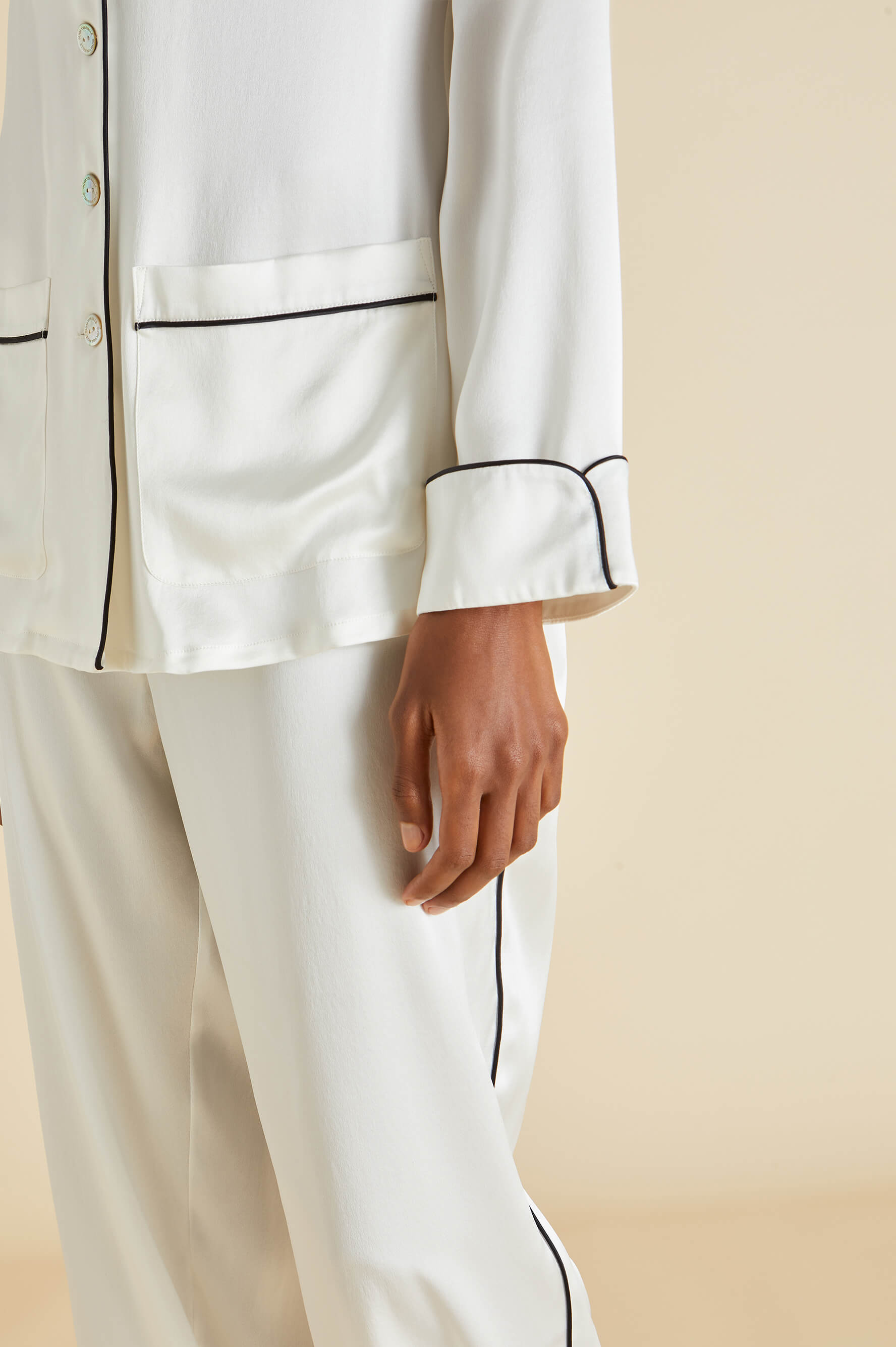 Coco Ivory Jet Black Pyjamas in Silk Satin