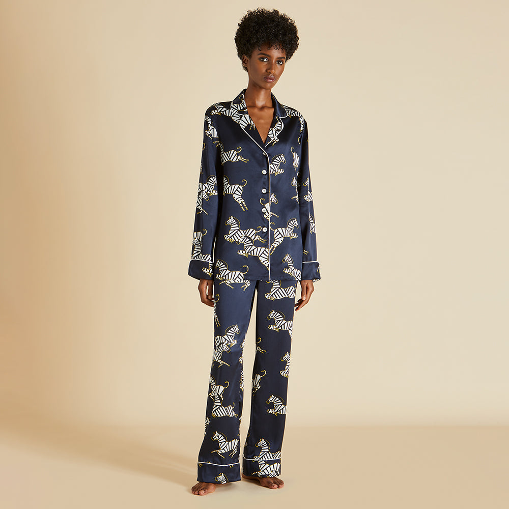 Silk Pajamas Satin Zebra Pajamas Lila Zizi Navy Pajamas In Silk Satin
