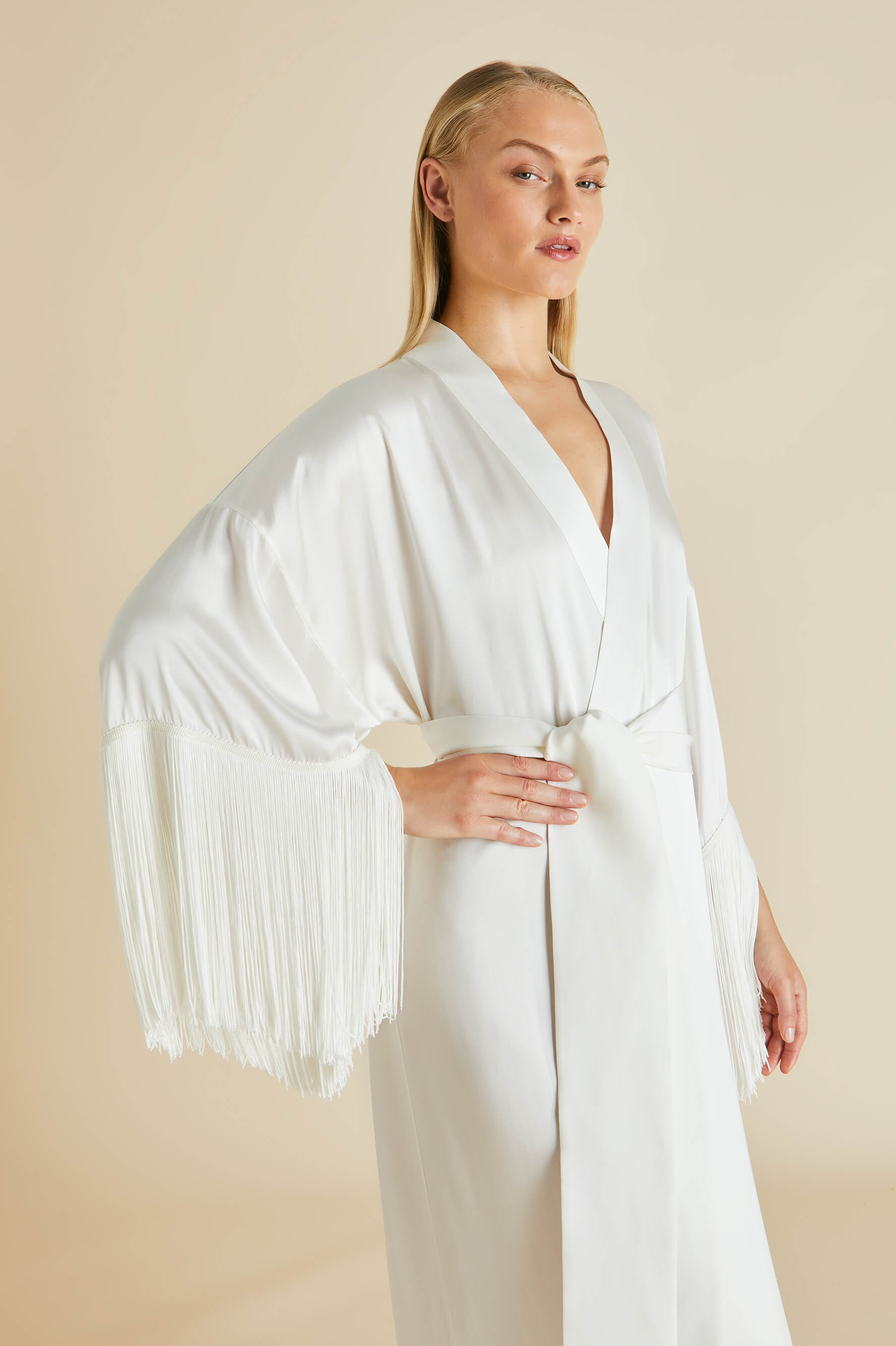 Amina Ivory Fringed Robe in Silk Satin