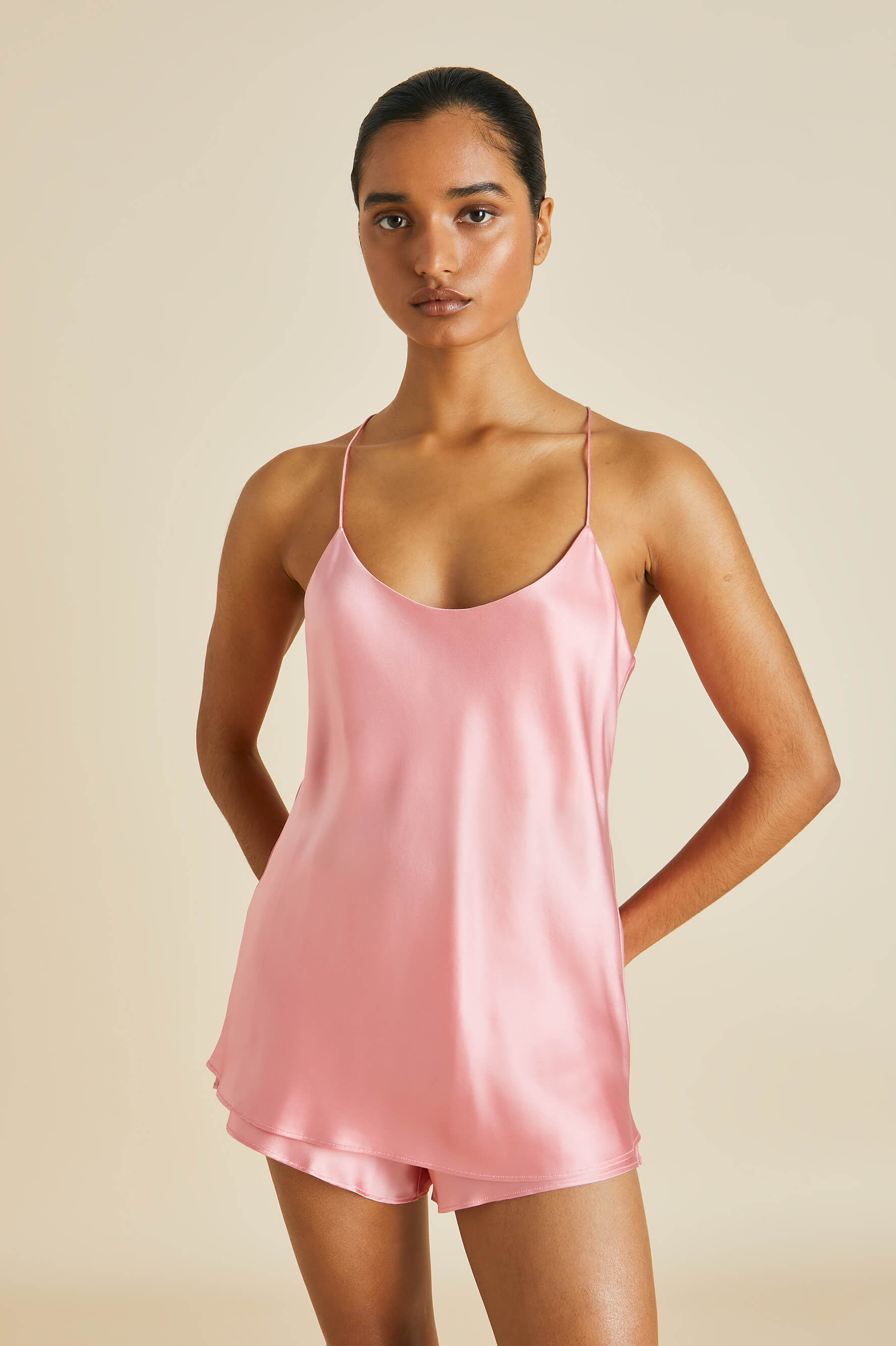 Bella Pink Camisole Set in Silk Satin