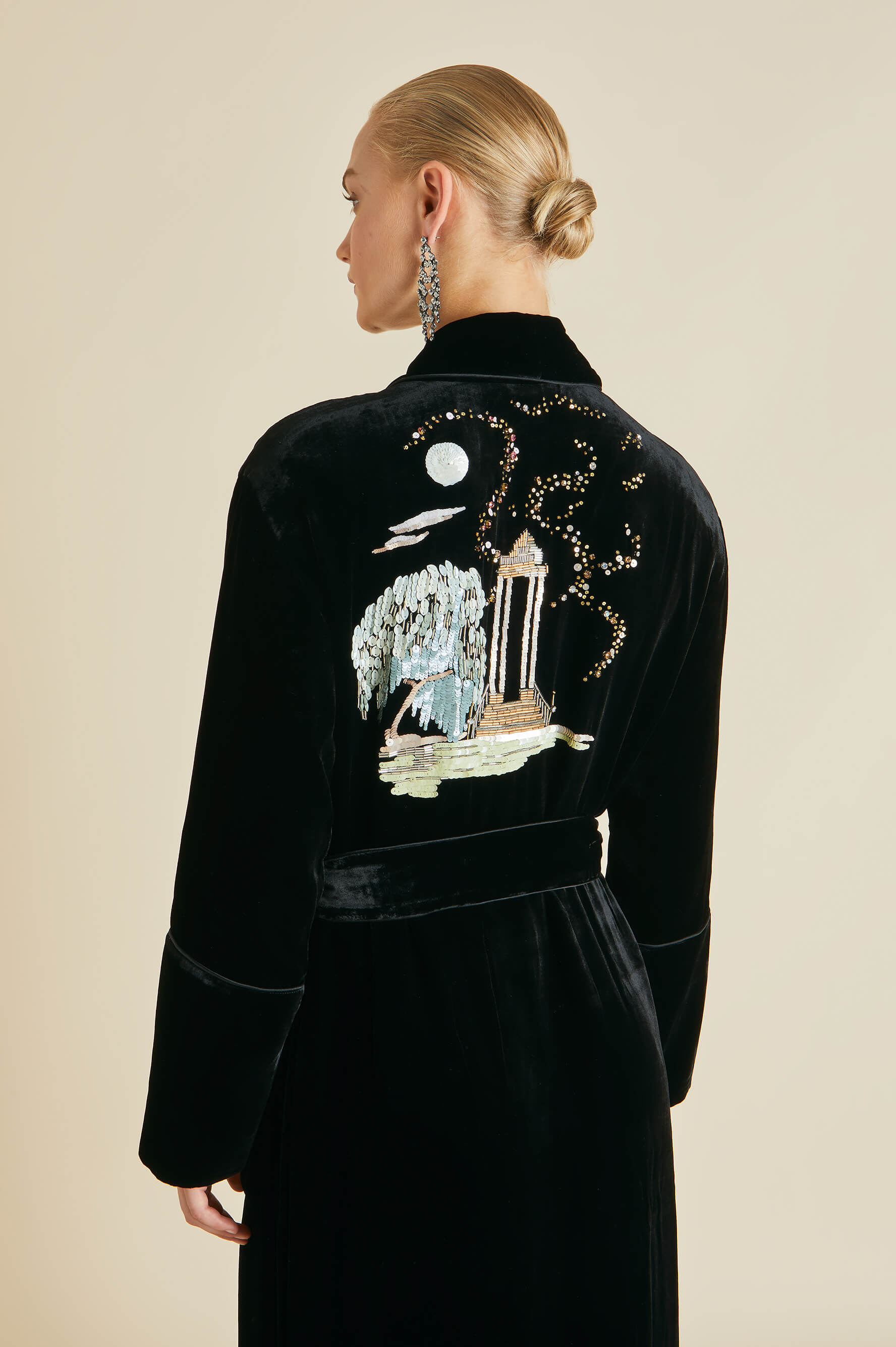 capability black embellished silk velvet robe