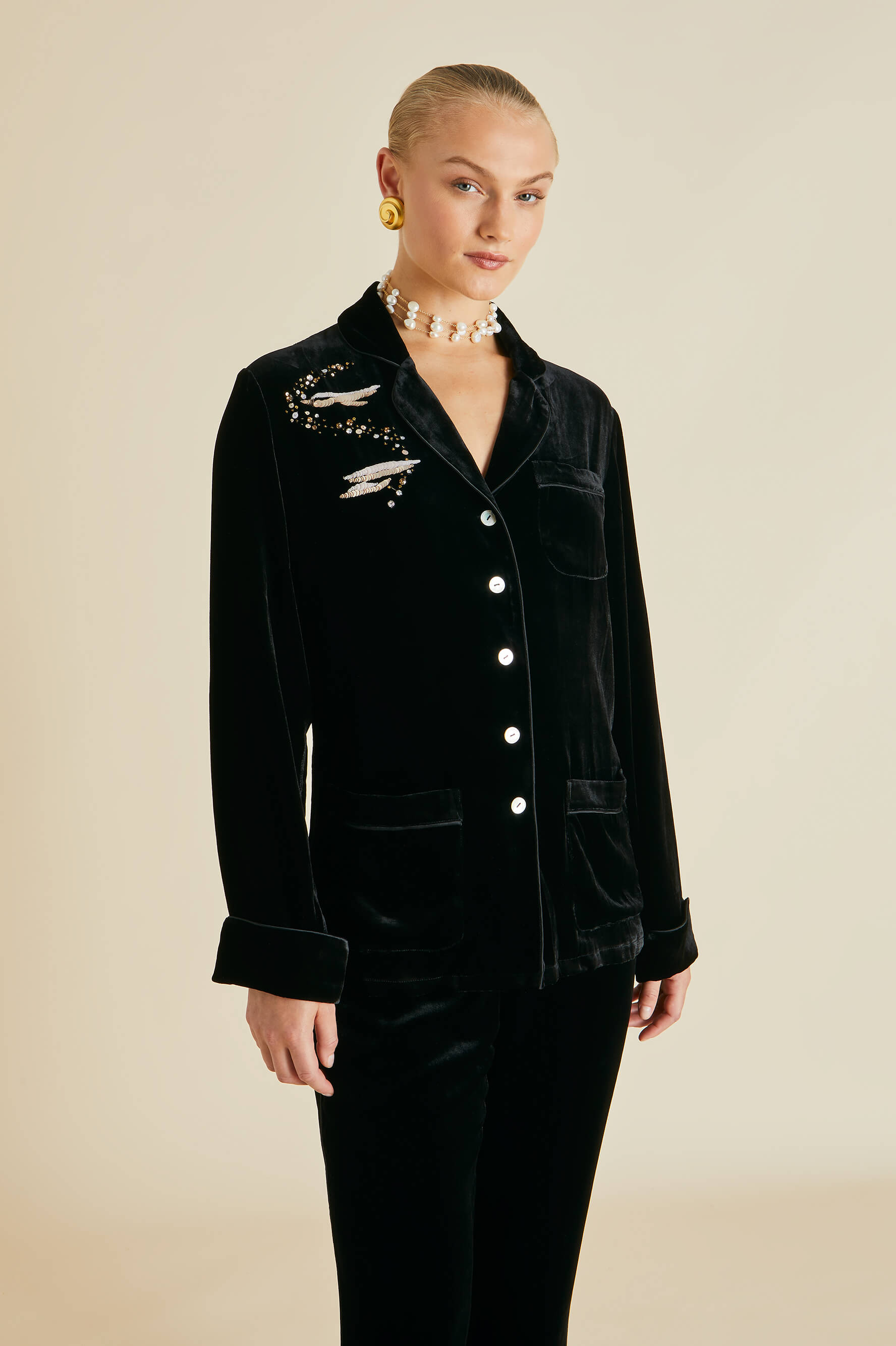 coco black embellished silk velvet pajamas