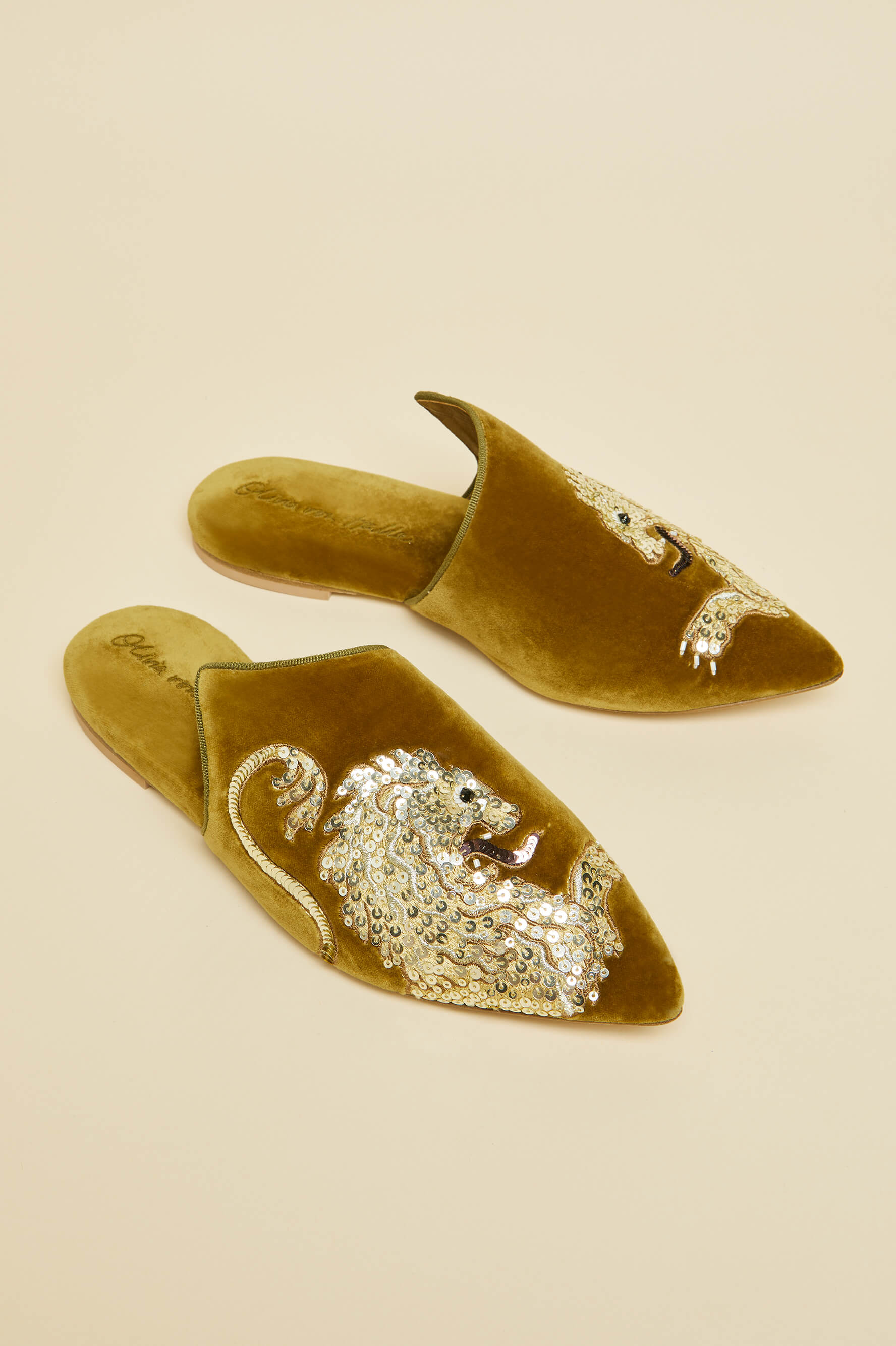 Contessa August Gold Embellished Slippers in Silk Velvet