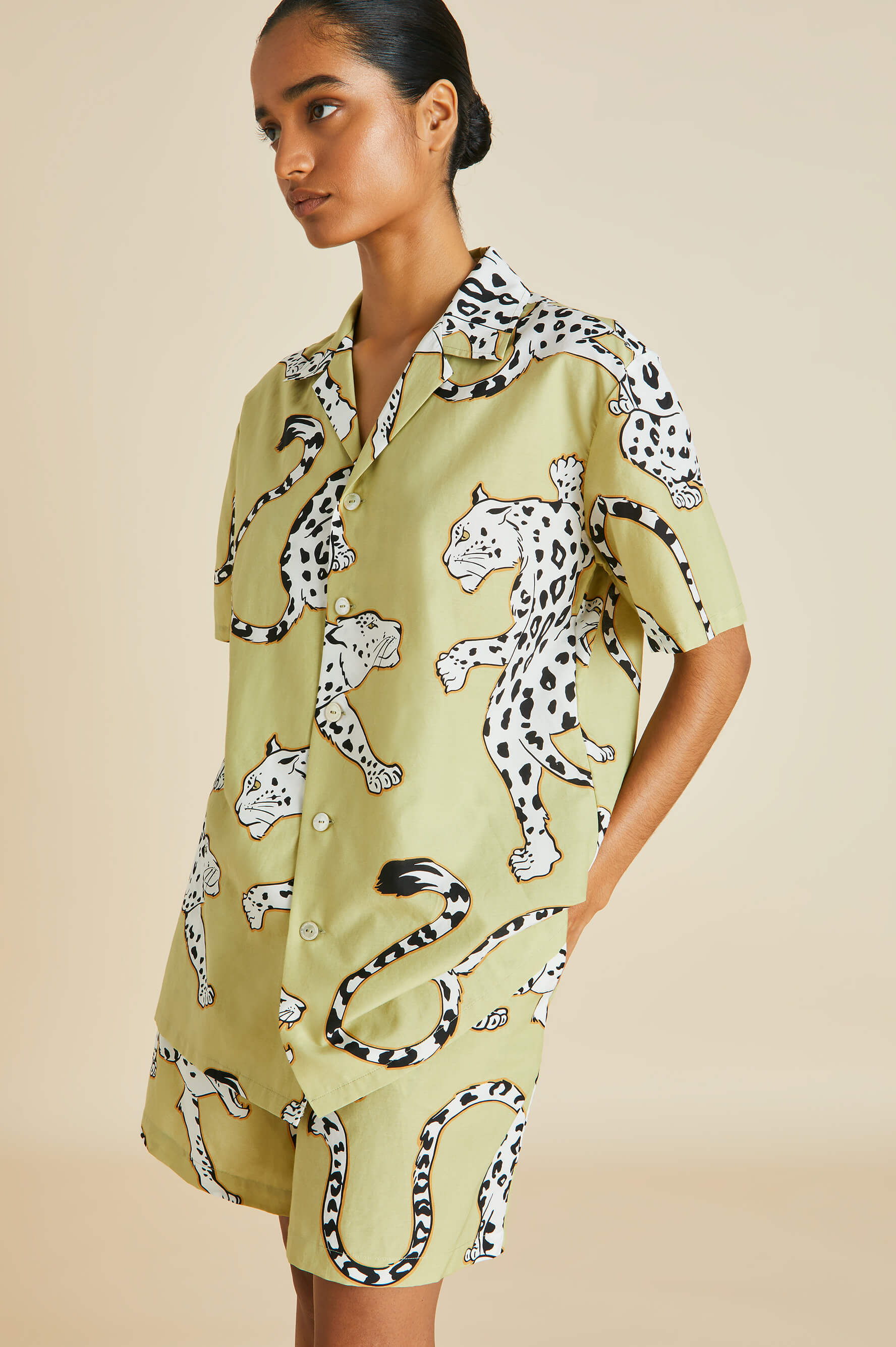 Emeli Mungo Green Leopard Pyjamas in Cotton-Silk