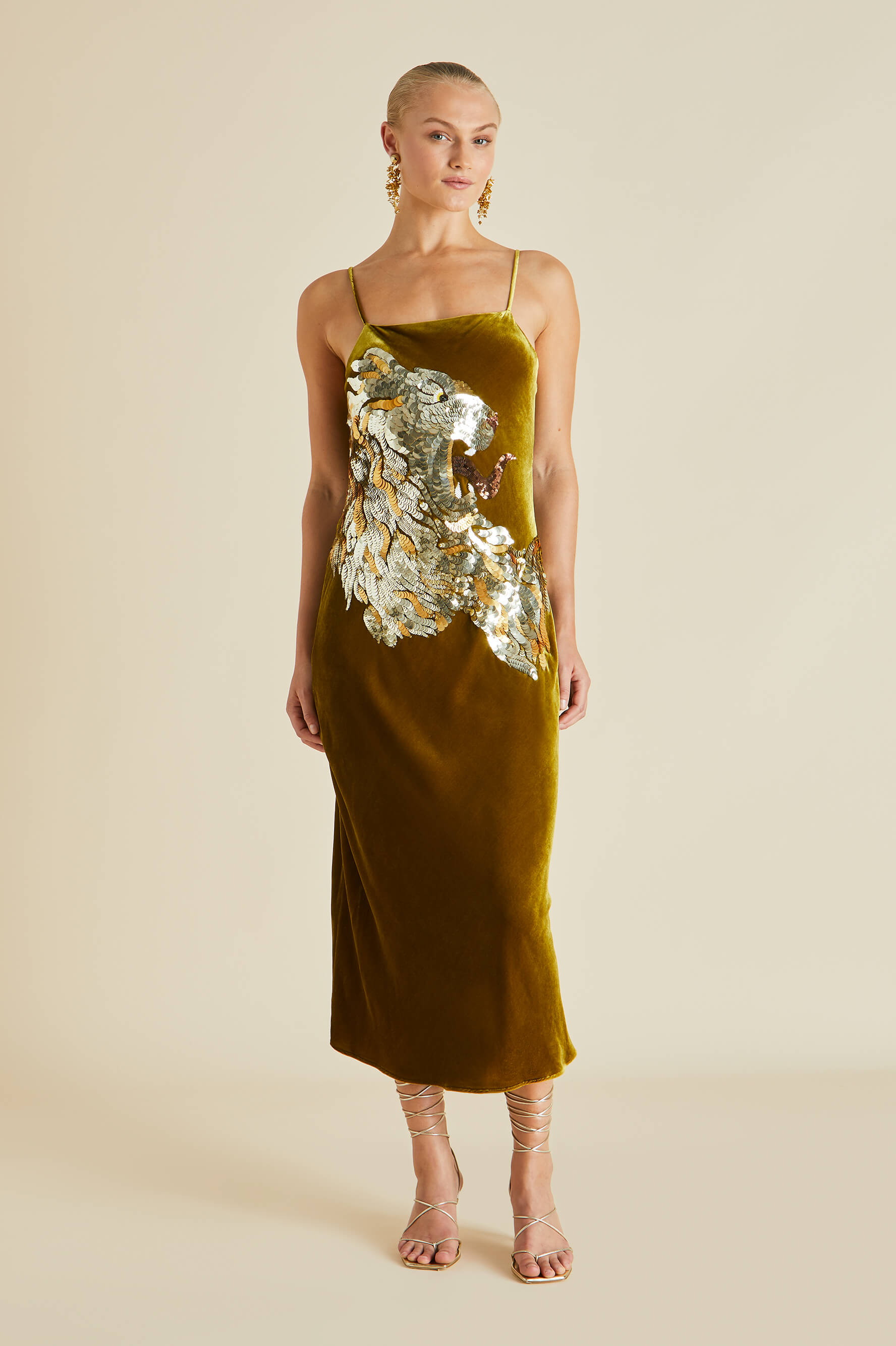 Icon August Gold Embellished Slip Dress in Silk Velvet