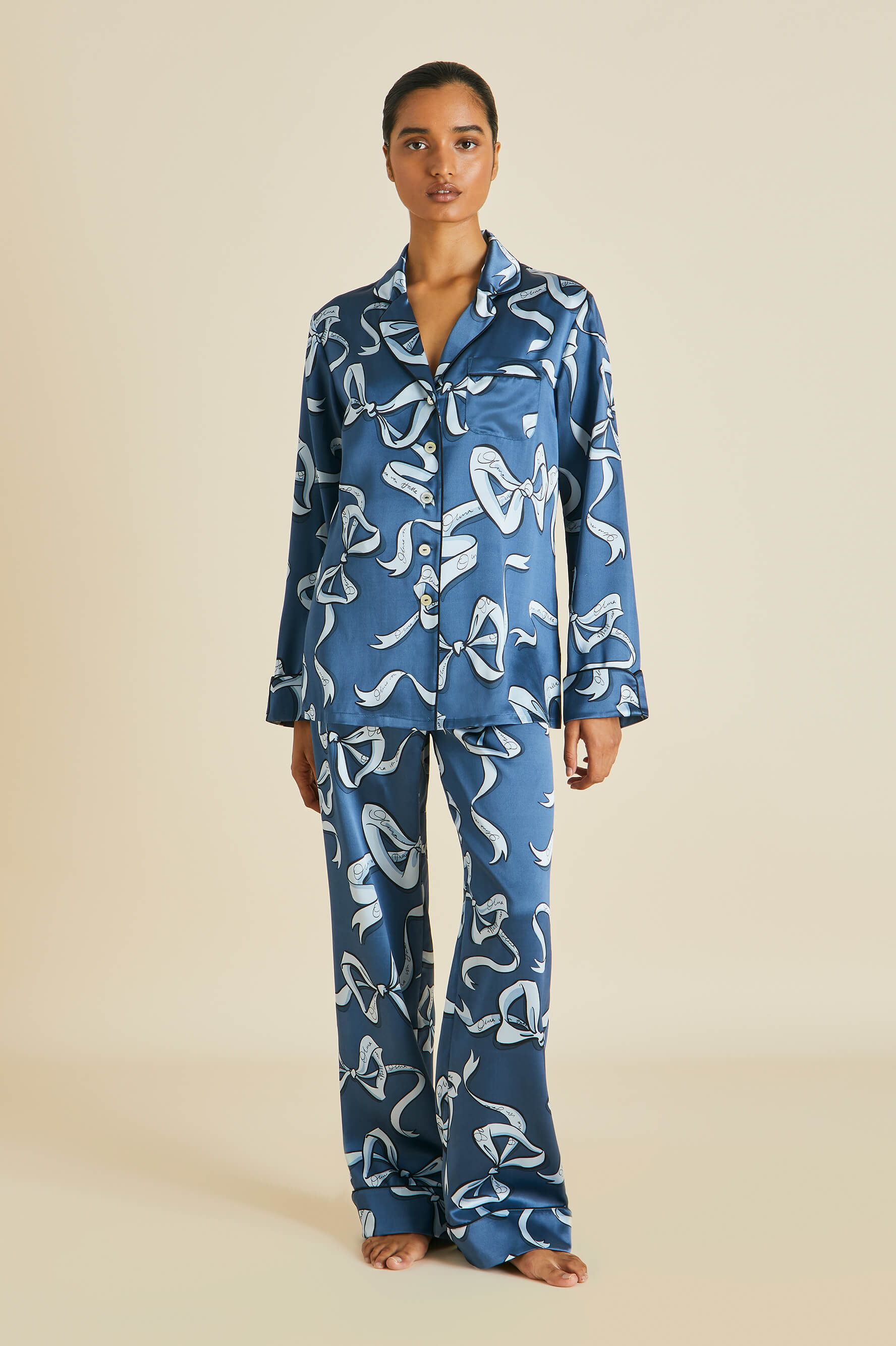 Lila Arran Blue Bow Pyjamas in Silk Satin