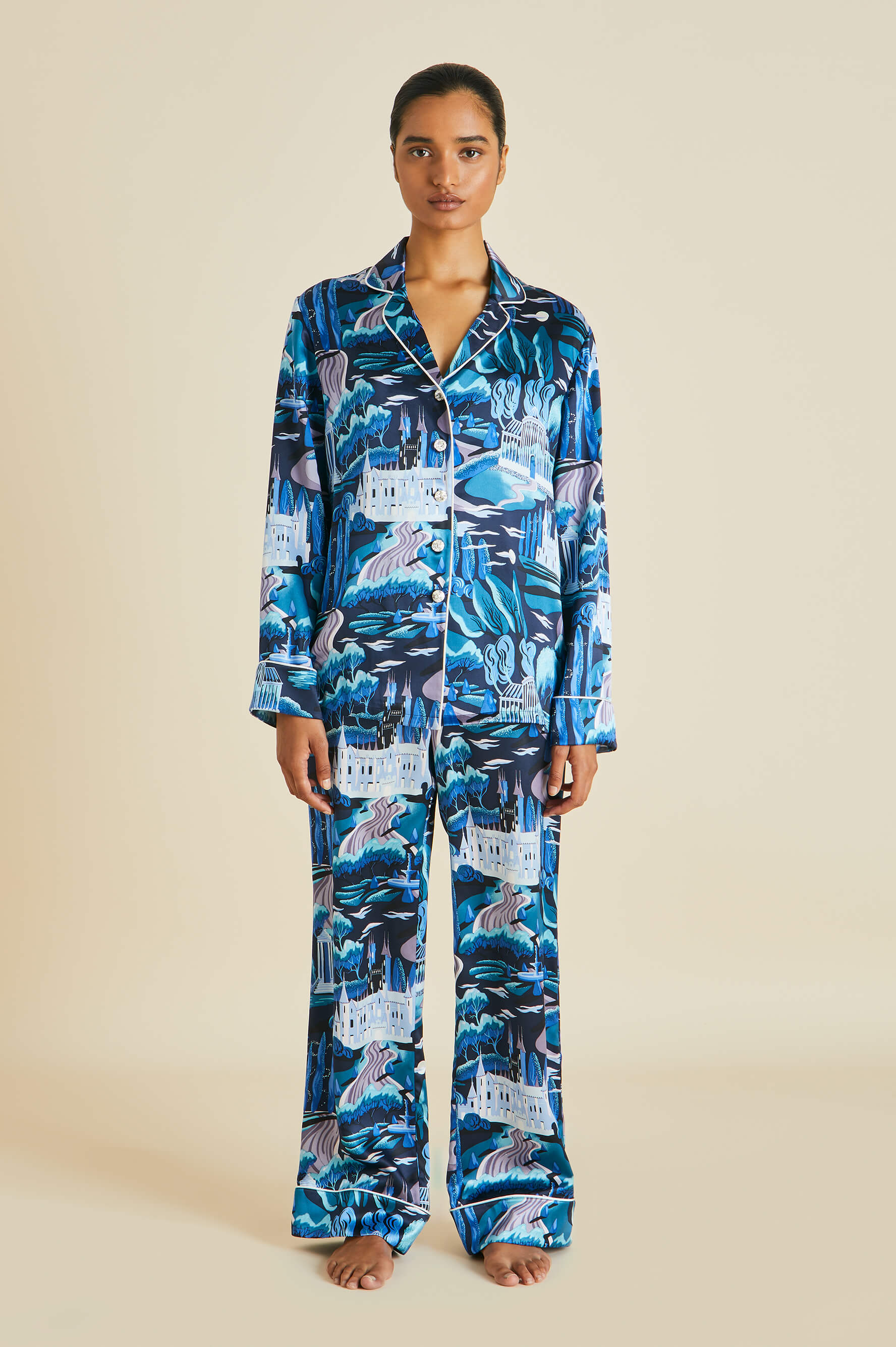 Lila Dream Blue Landscape Pyjamas in Silk Satin