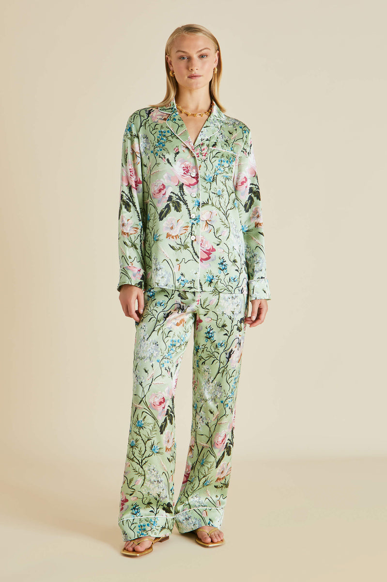 Lila Effie Green Floral Silk Satin Pyjamas - Olivia von Halle