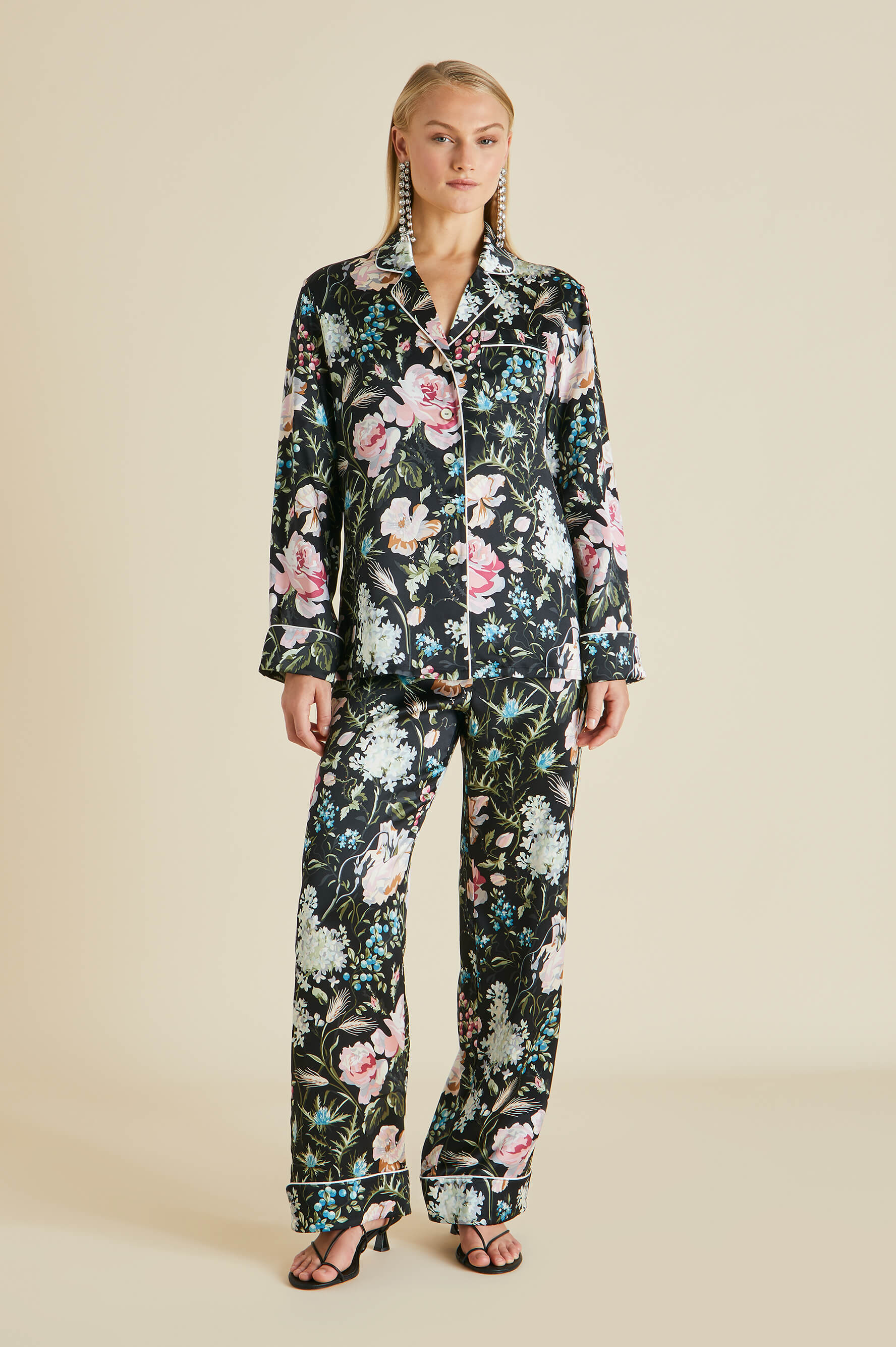 Lila Esme Black Floral Pyjamas in Silk Satin
