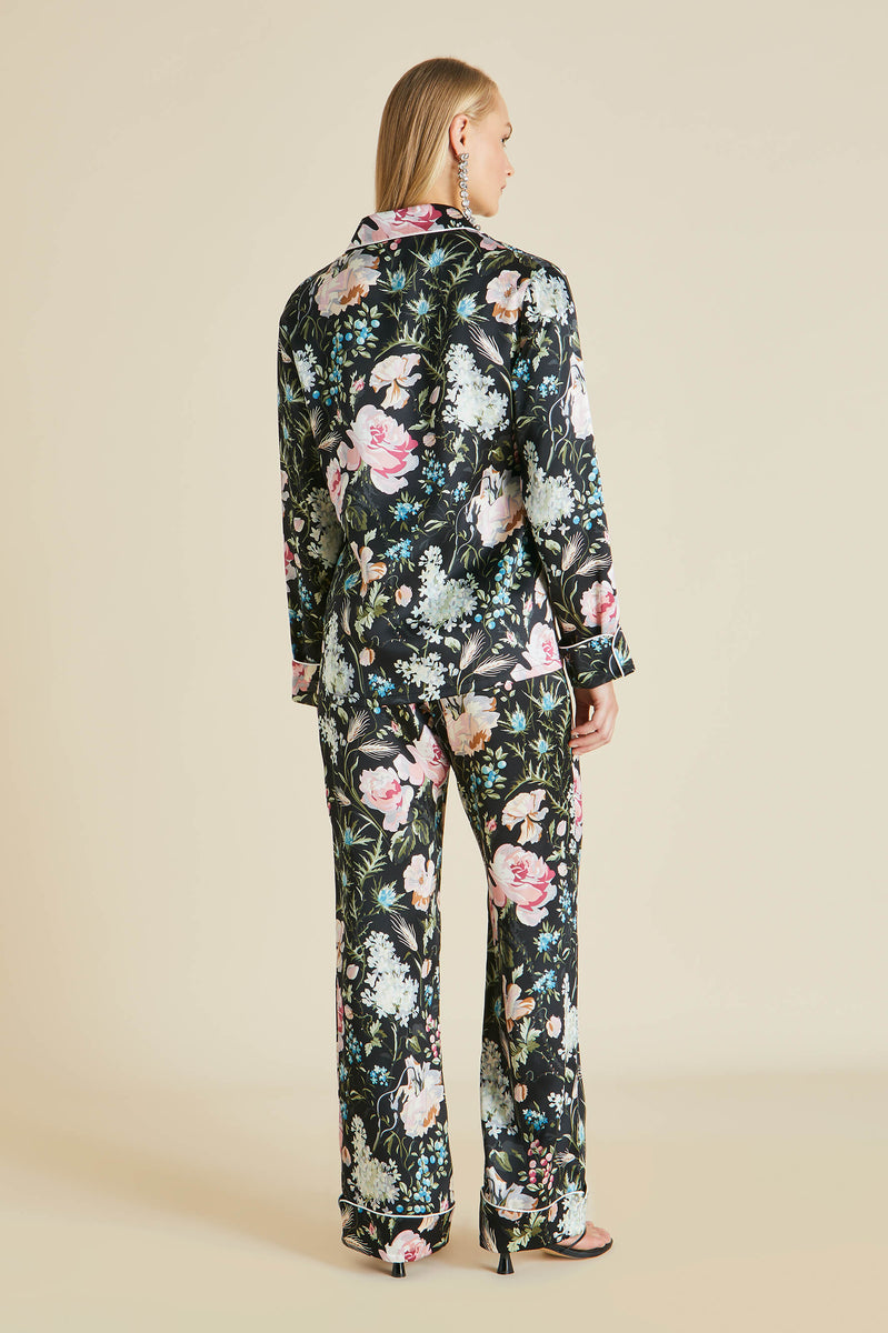 Lila Esme Black Floral Silk Satin Pyjamas - Olivia von Halle