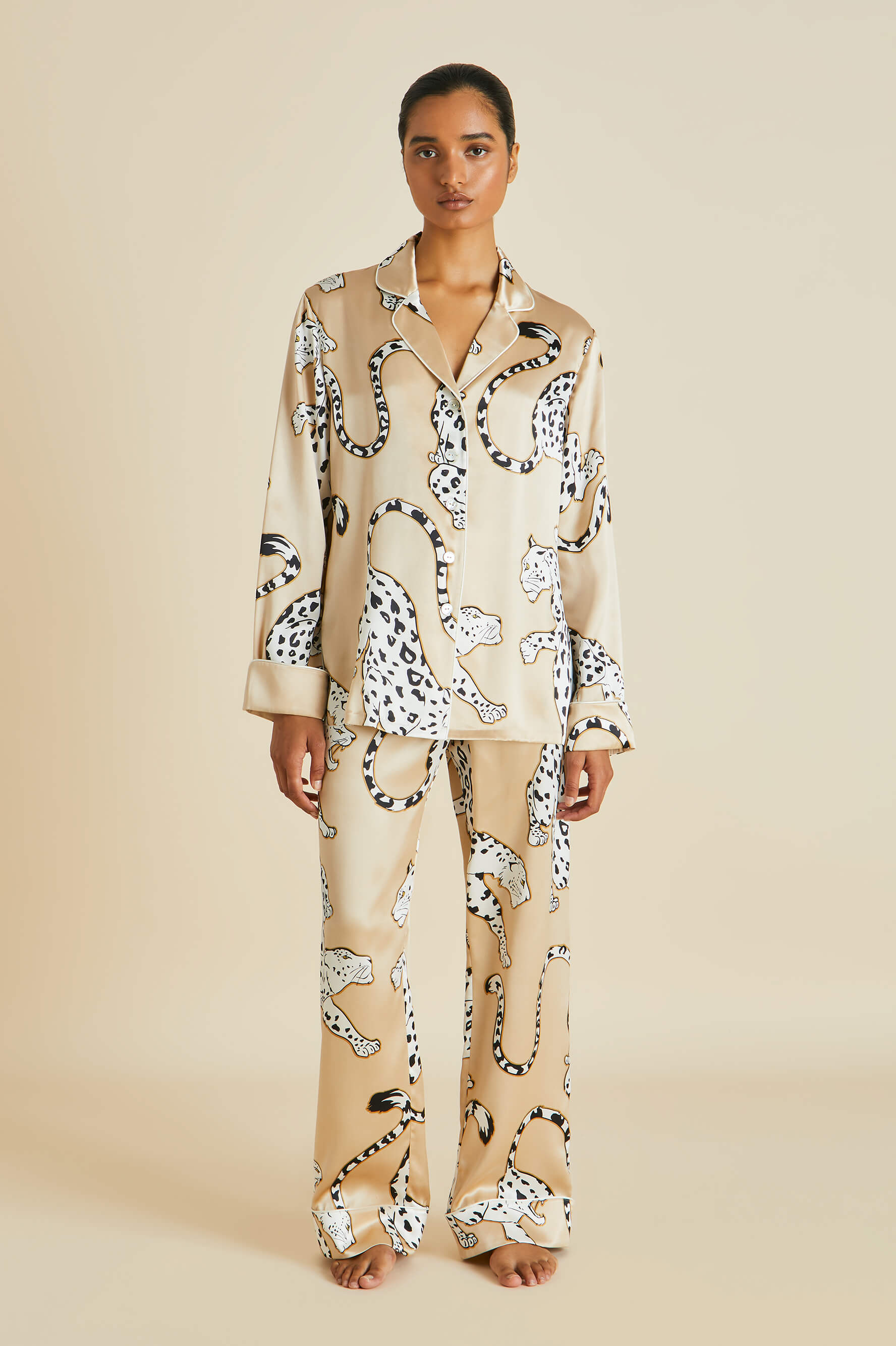 Lila Muir Beige Leopard Pyjamas in Silk Satin