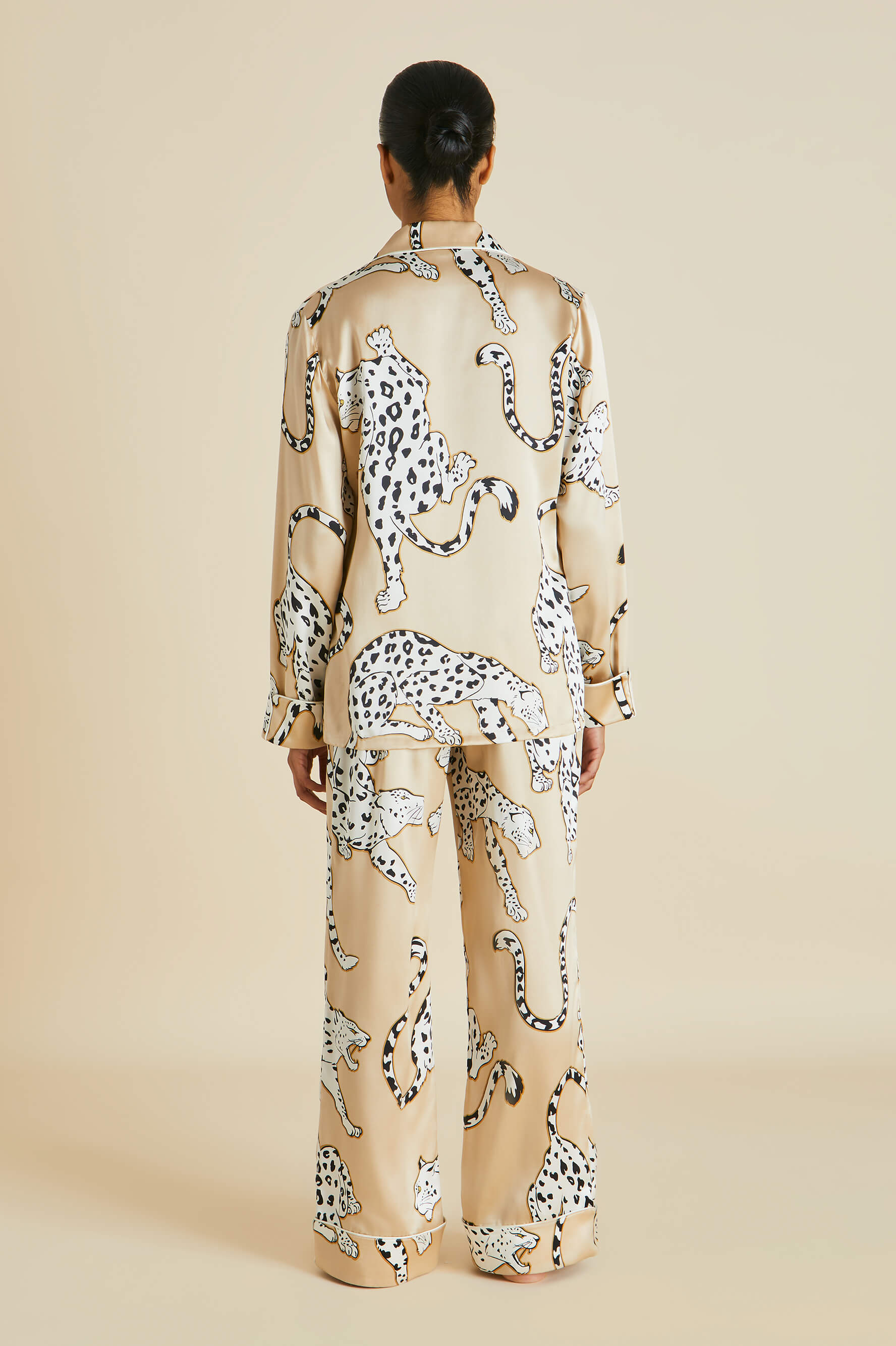 Lila Muir Beige Leopard Pyjamas in Silk Satin